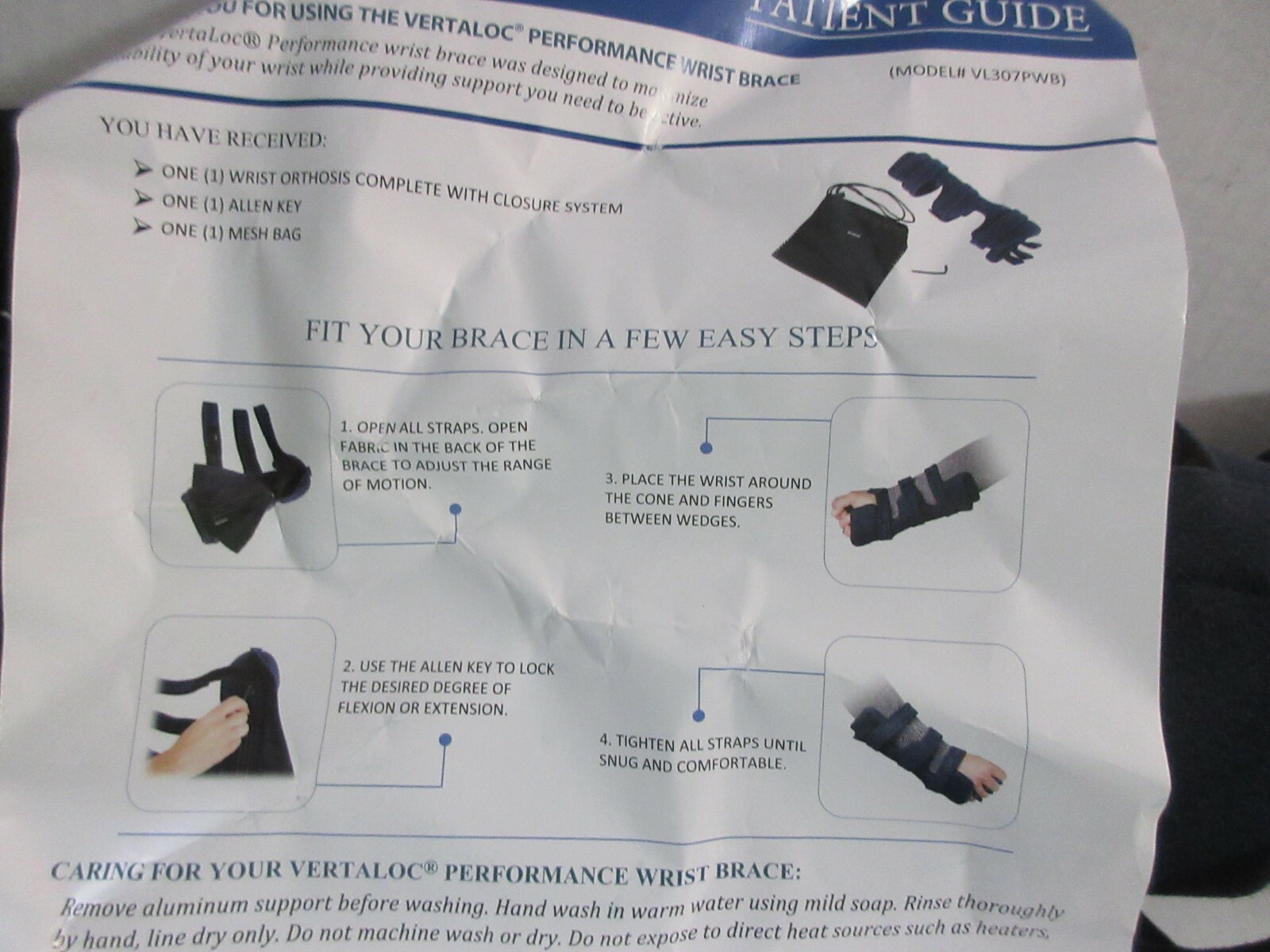 Vertaloc Performance Wrist Support Brace Universal VL307PWB Dark Navy Blue w Bag