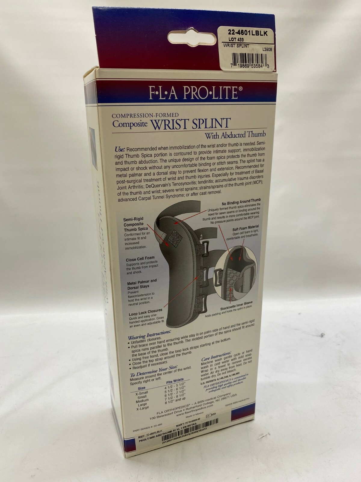 FLA ProLite Compression Composite Wrist Splint w/ Abducted Thumb – Right – NEW