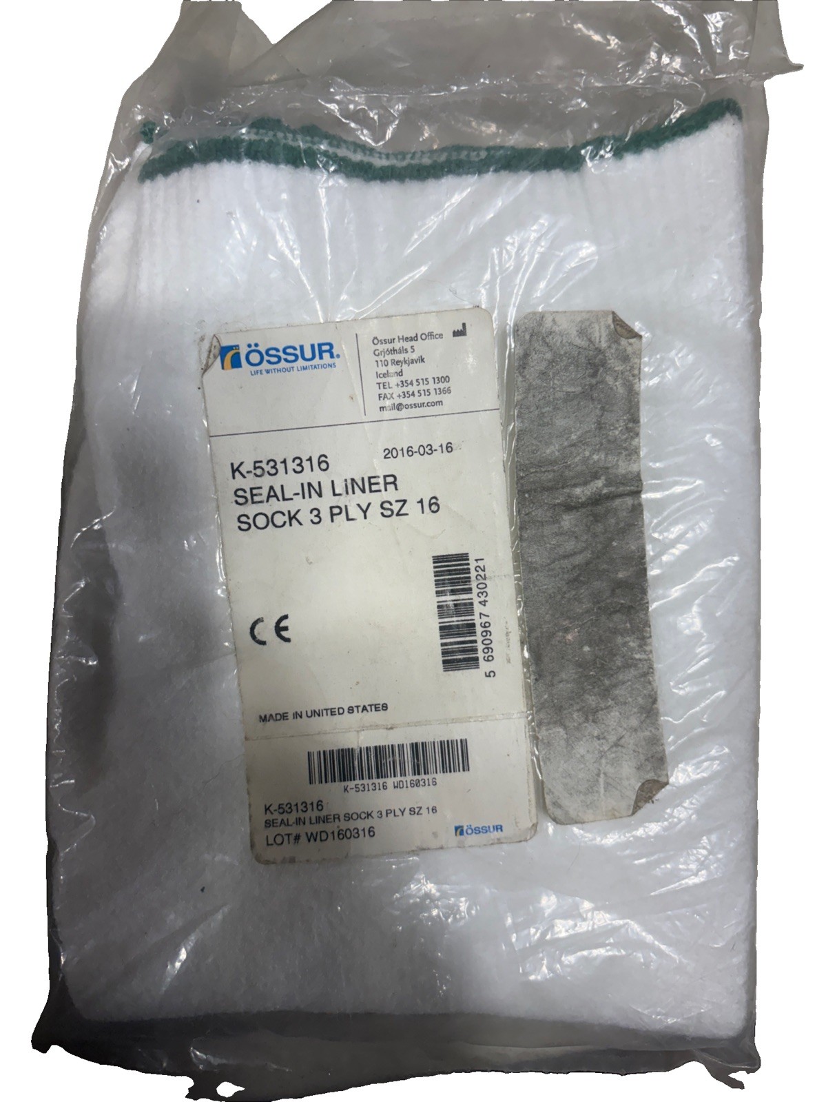One OSSUR Seal-in Liner Sock 3 PLY, K-531316 Size 16 White New