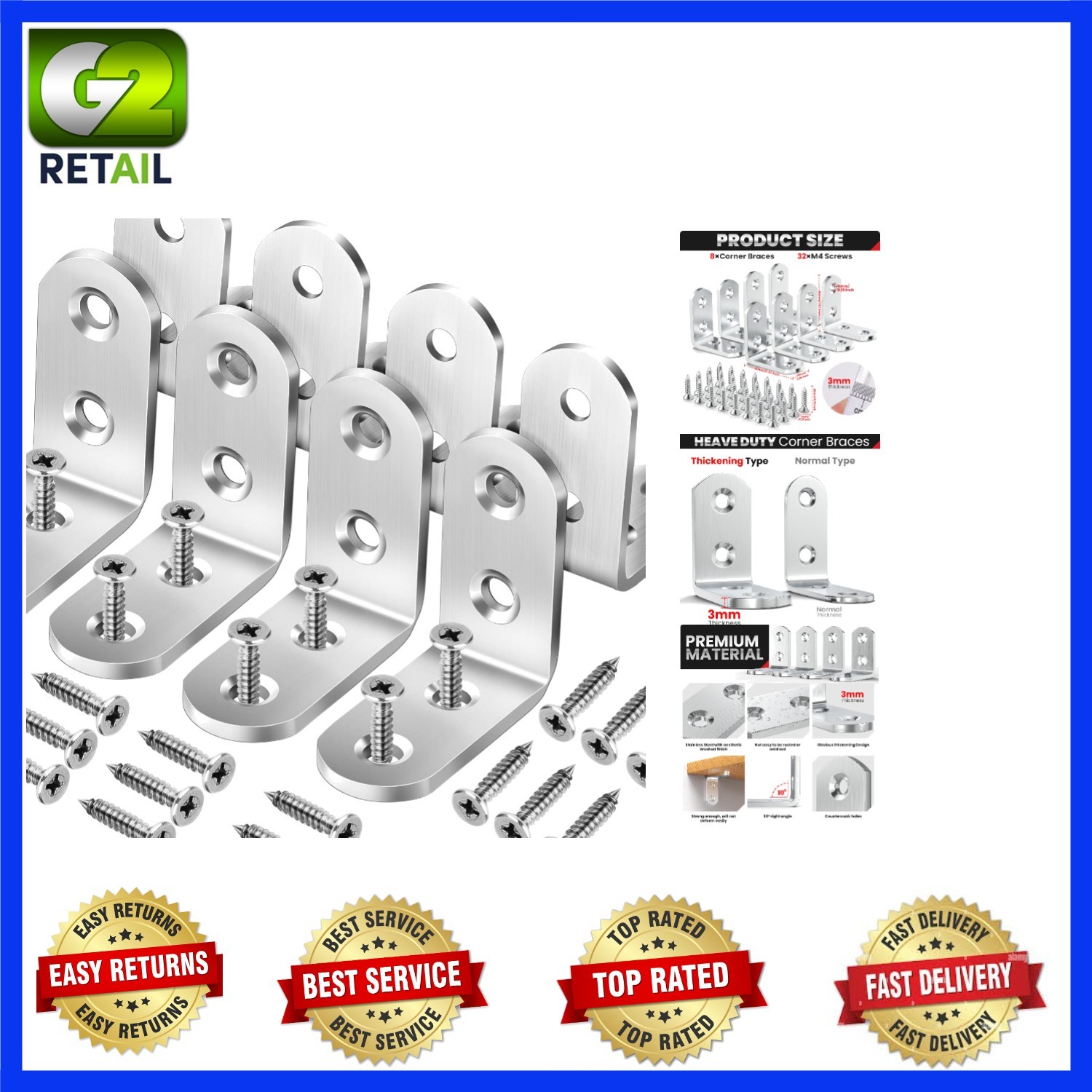 8 Pack Stainless Steel Corner Braces – 38lb Weight Capacity for Shelves & Tables