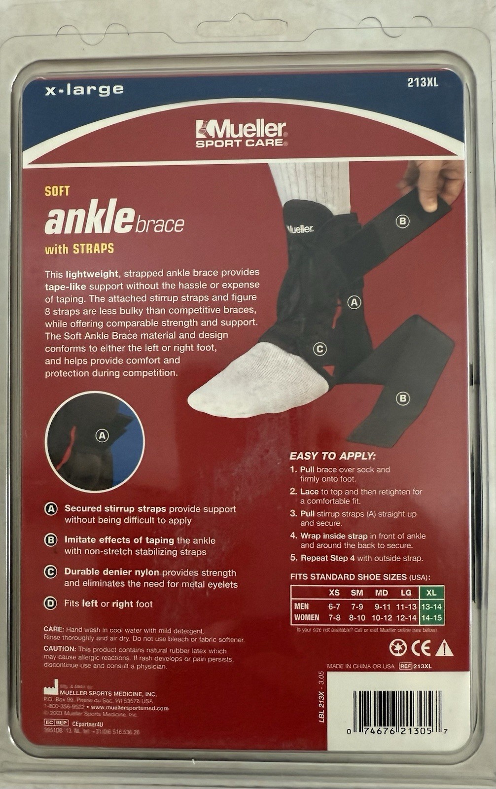 Mueller Ankle Brace w/Straps and Laces 213XL Extra Large NIP Left or Right New