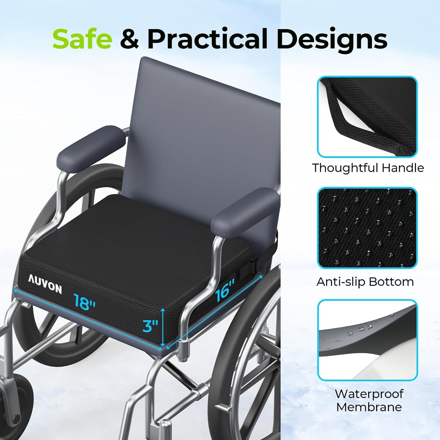 AUVON Cooling Gel Wheelchair Seat Cushion for Sciatica, Back, X-Large, Black