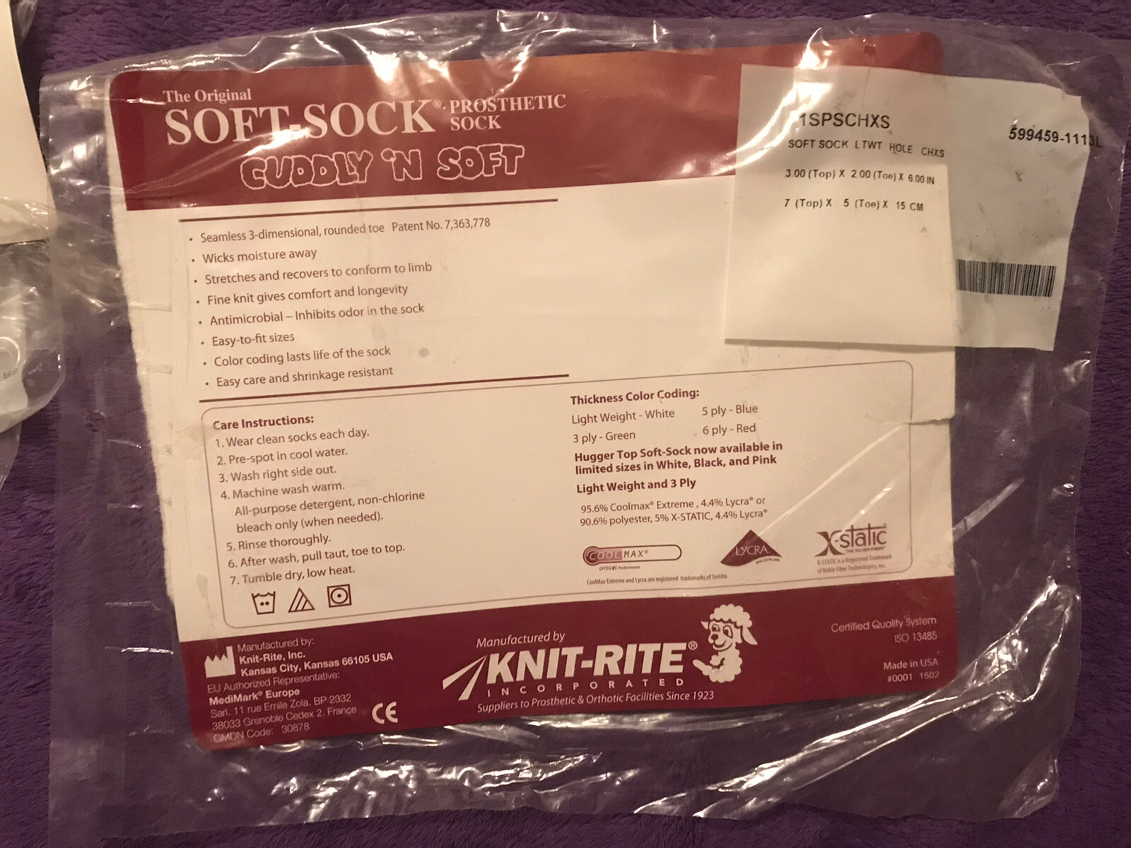 5- NEW Knit-Rite Soft Sock Prosthetic Sock 3 Ply Hole 1SPSCSHXS Child Size XS.