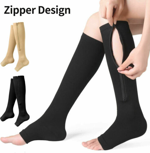 1/3Pair Open Toe Compression Socks 20-30mmHg No-wrapped Toe Stockings w/ Zipper