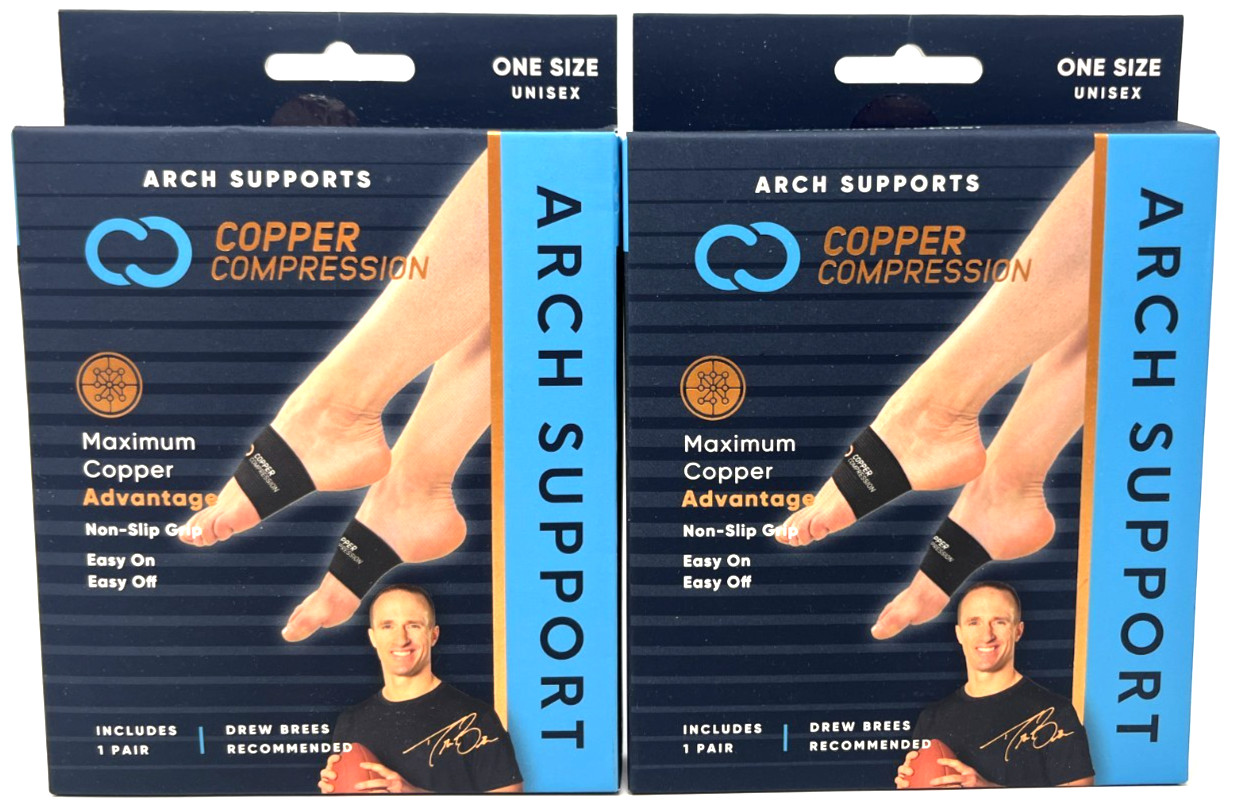 (2) Copper Compression Arch Support Sealed One Size Unisex Black Non-Slip Grip