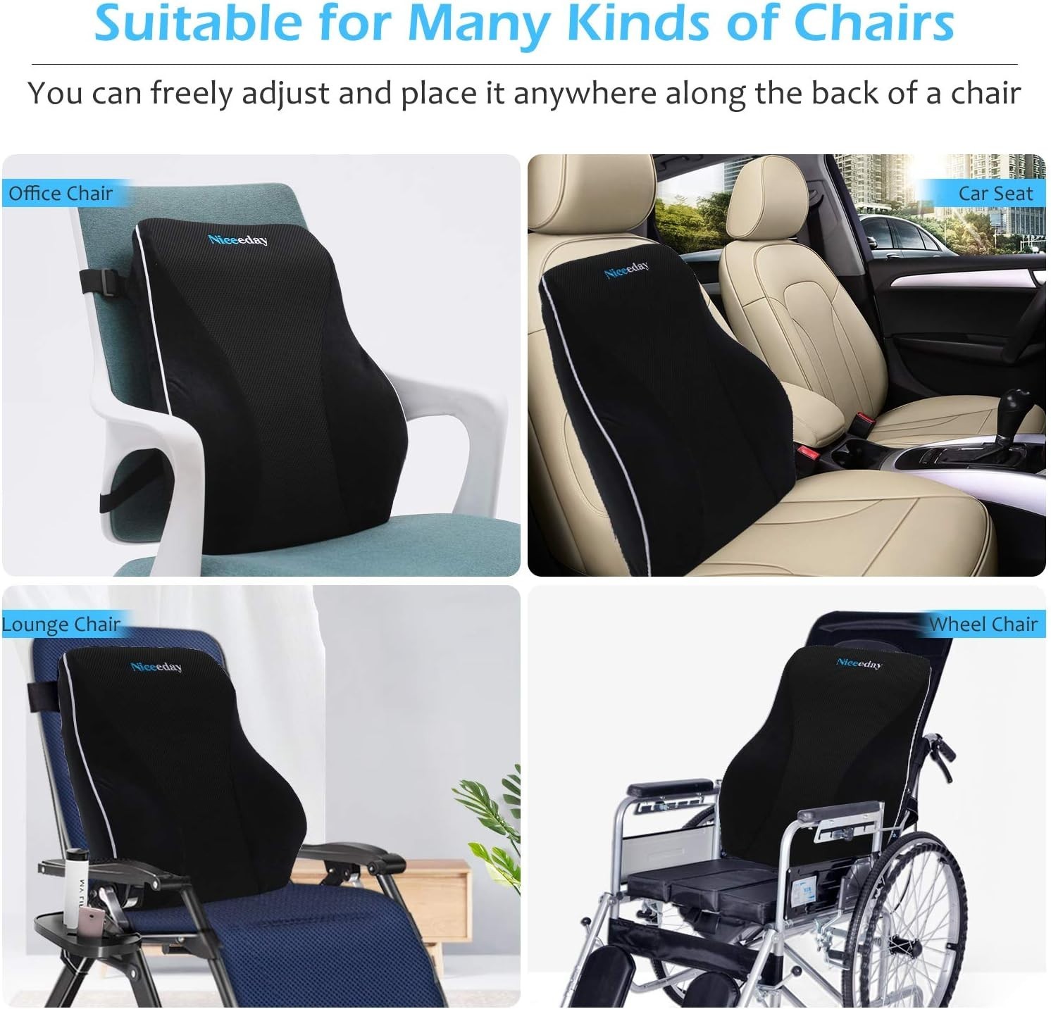 Niceeday Memory Foam Lumbar Support Pillow Office Chair Car Back Cushion Black