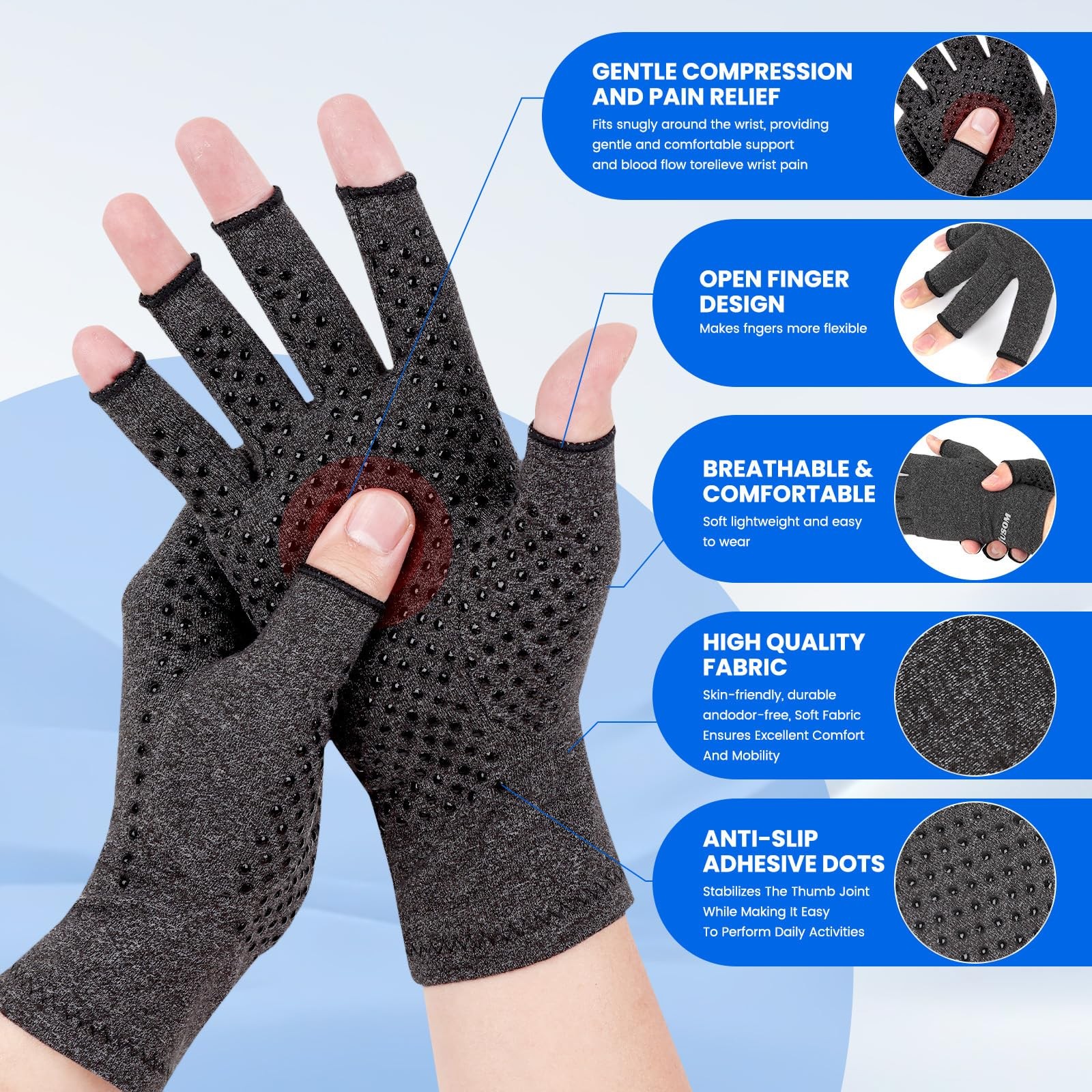 Arthritis Compression Gloves Fingerless, Pain Relief, Anti-Slip Grip, Dim Grey