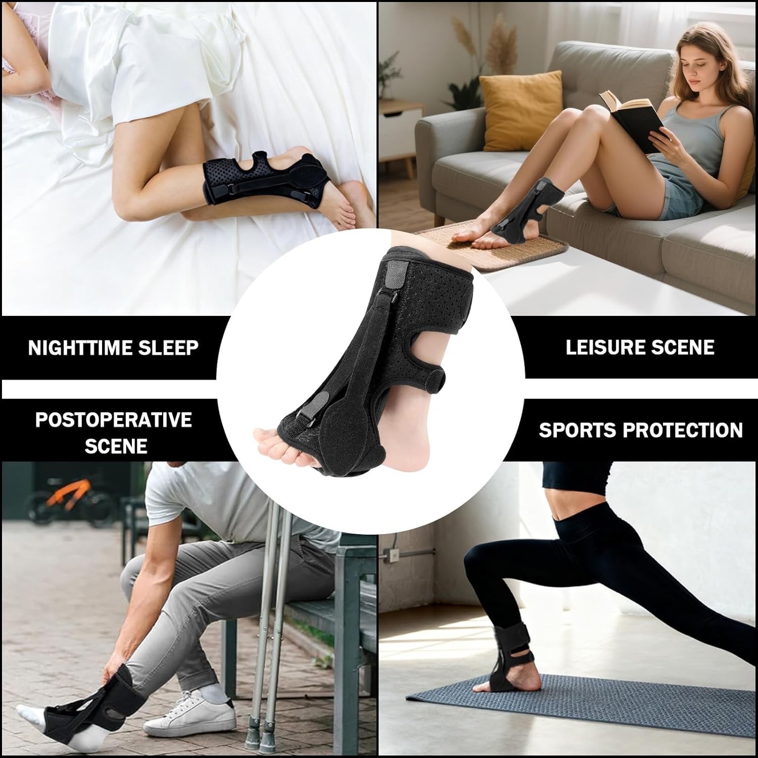 Plantar Fasciitis Night Splint, 3 Adjustable Straps – Adult/Unisex – Black
