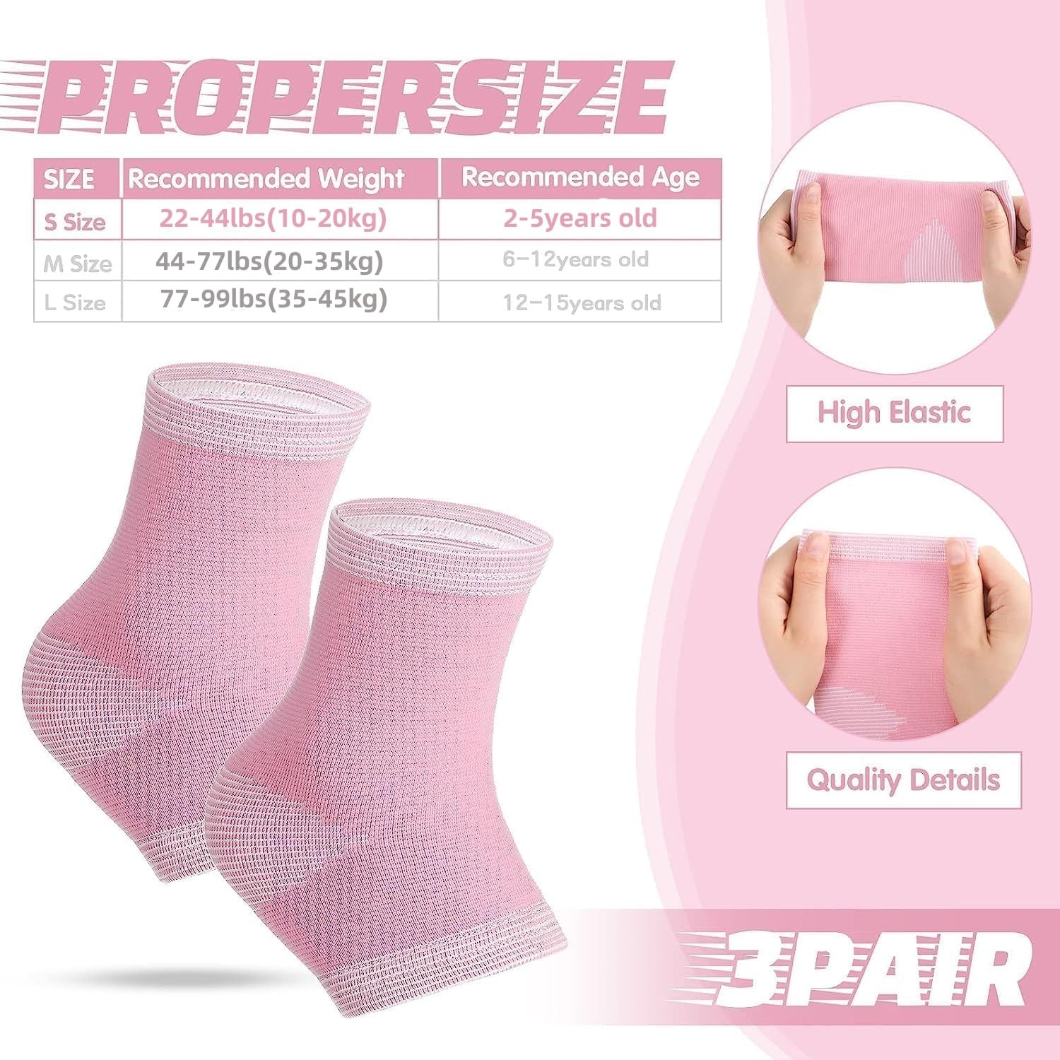 3 Pair Kids Ankle Compression Sleeves Foot Arch Support Sock Pink Size Large