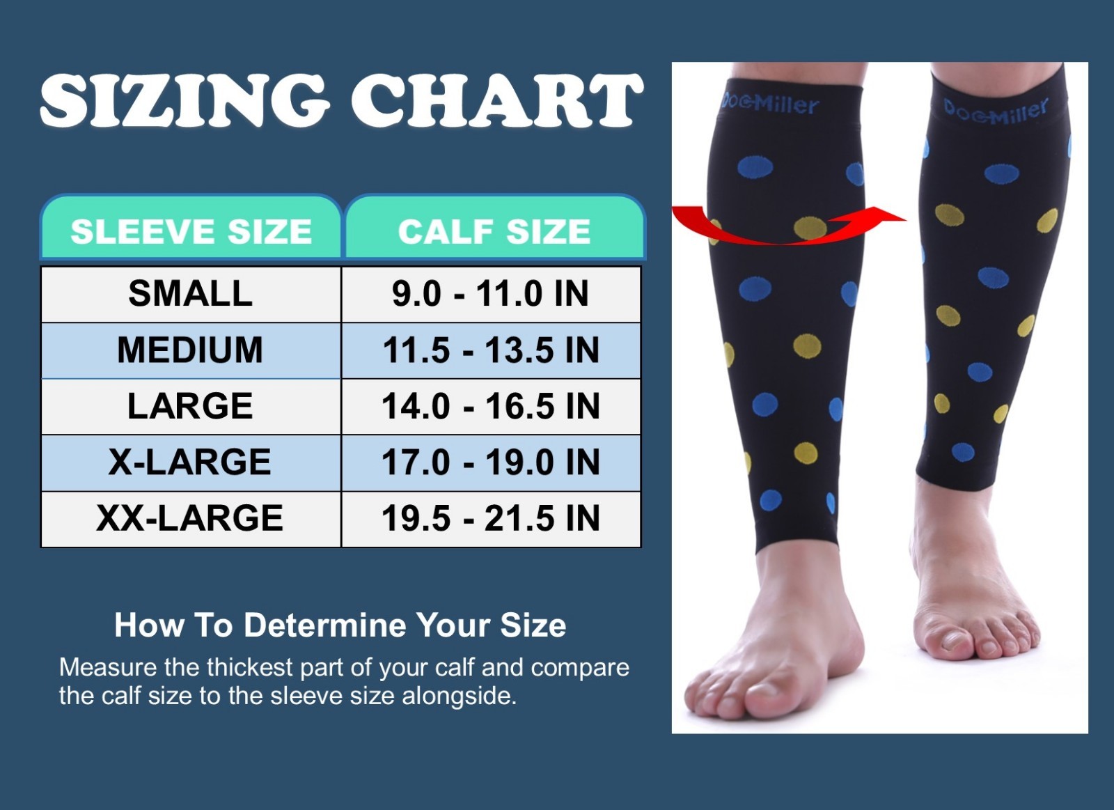 Doc Miller Calf Compression Sleeve 1Pair 20-30mmHg Varicose Polka Dot BLK/BLUYLW