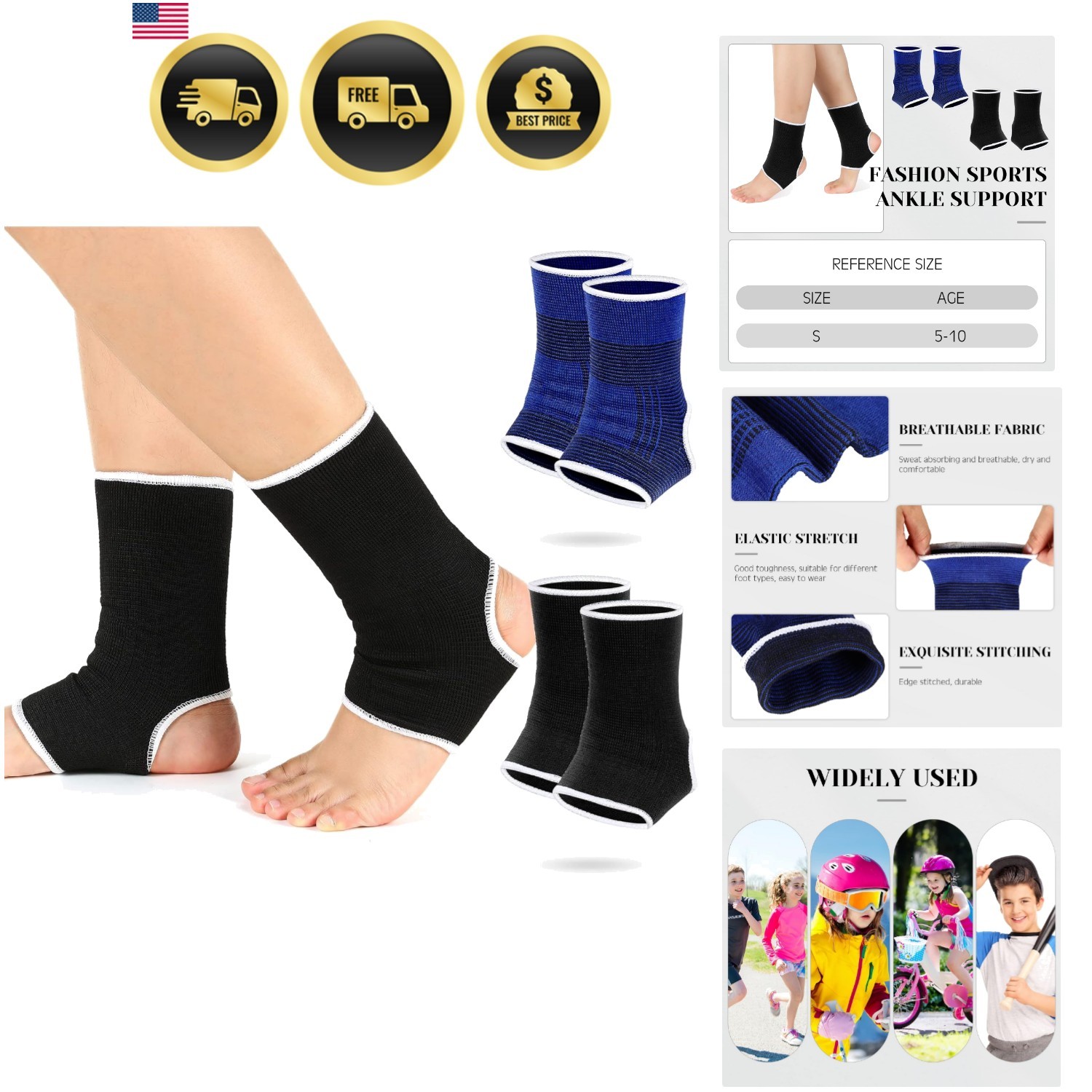 4 Pieces/ 2 Pair Kids Ankle Support Brace Elastic Kids Compression Socks Knit…