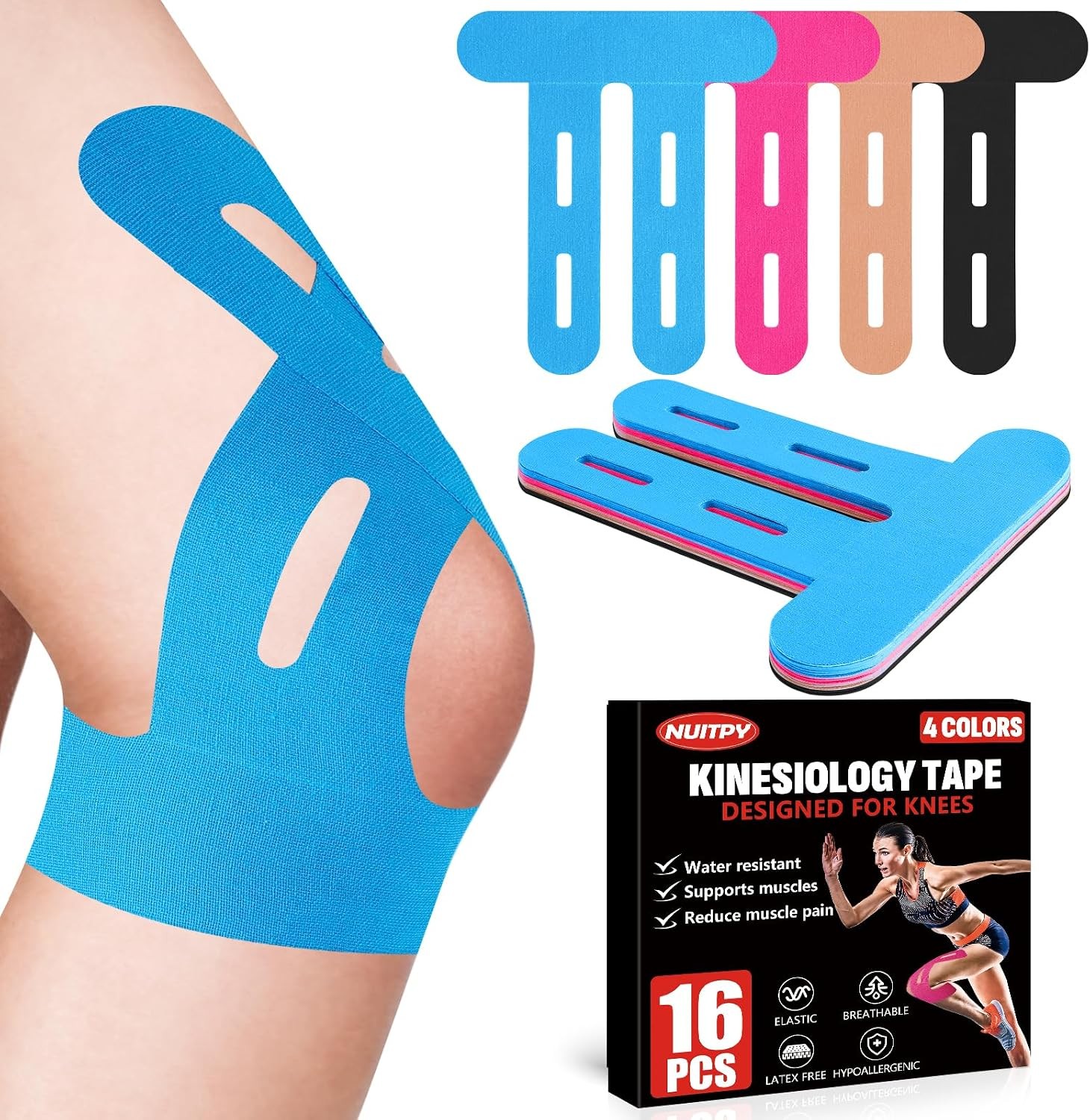 16 PCS Kinesiology Tape for Knees, 4 Colors Knee Support Tape, Precut Knee Tape