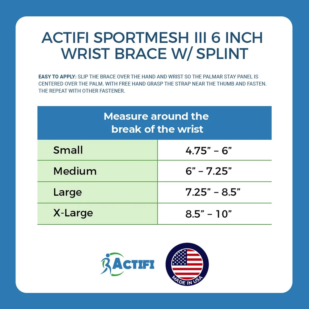 Actifi SportMesh III 6 Inch Wrist Brace w/Splint (Size: M) – Right Hand Support