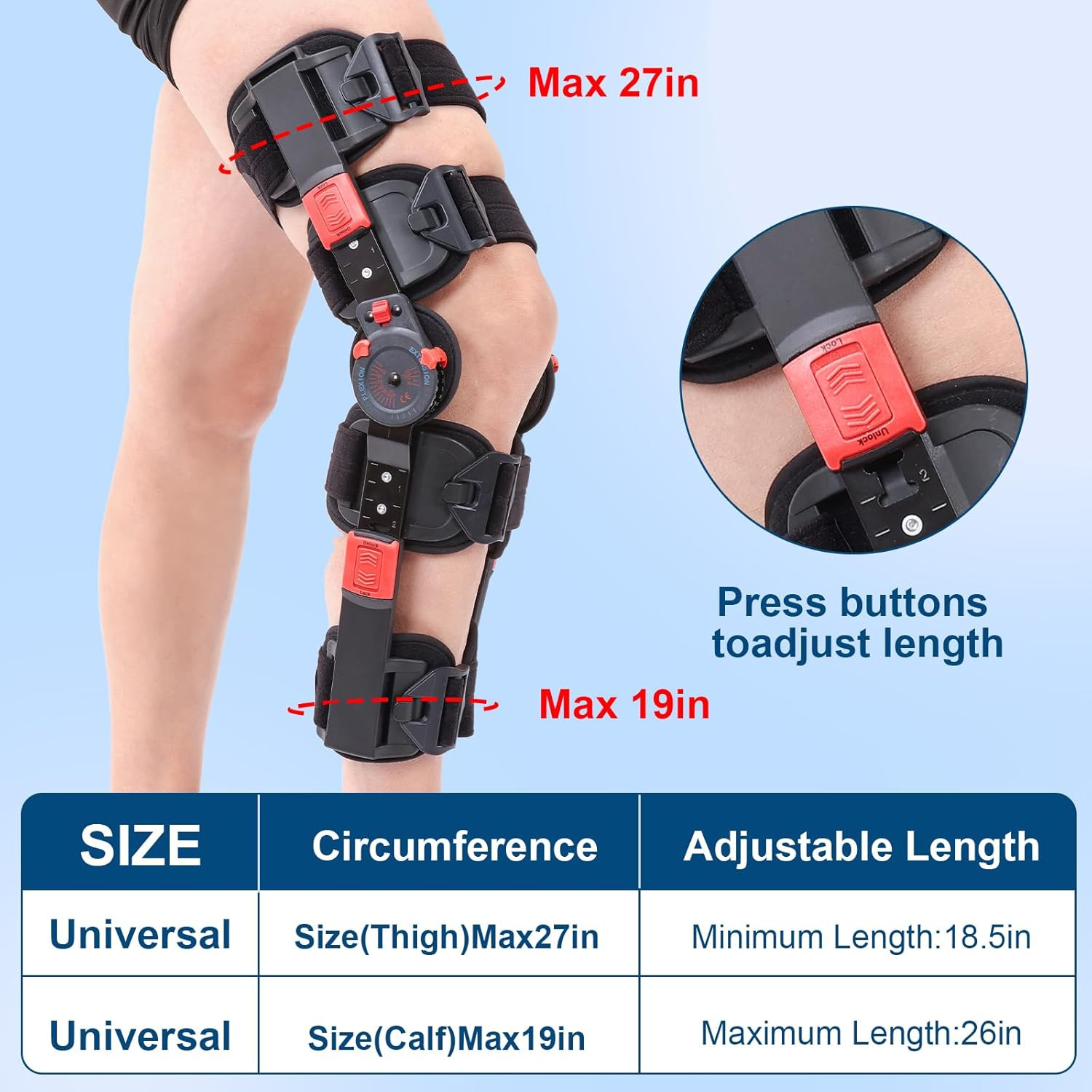 Hinged ROM Knee Brace with Side Stabilizers, Adjustable Post Op Knee Support Ort