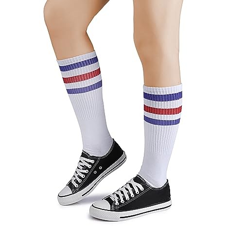 Knee High Tube Socks: Over the Calf Socks One Size C03-3pairs White/Blue/Red