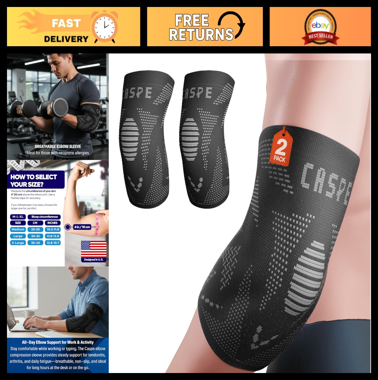 2 Pack Elbow Compression Sleeves for Pain Relief – Tennis, Golf, Weightlifting S