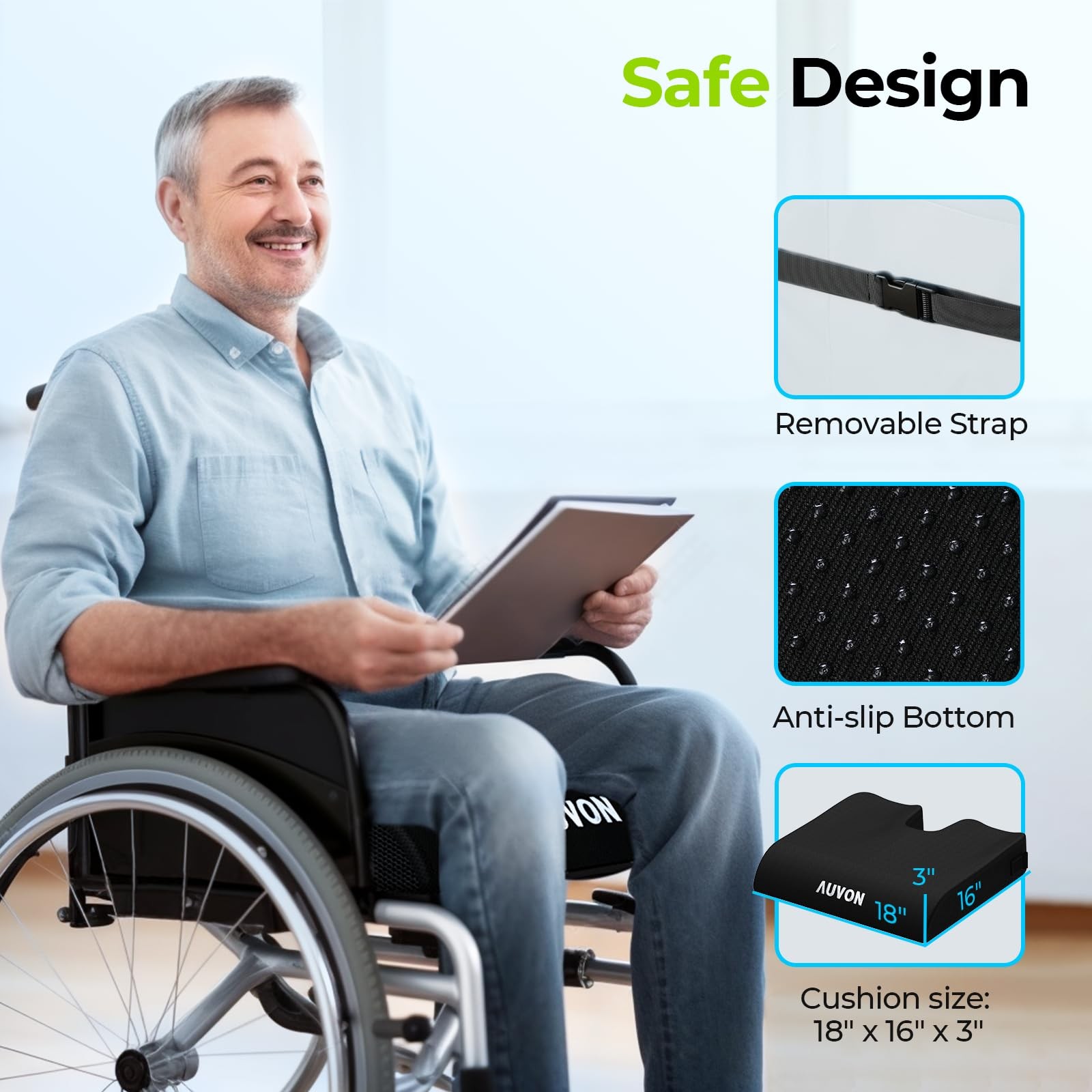 AUVON Gel Wheelchair Seat Cushion, Relieve Sciatica, Back, Medium, Black