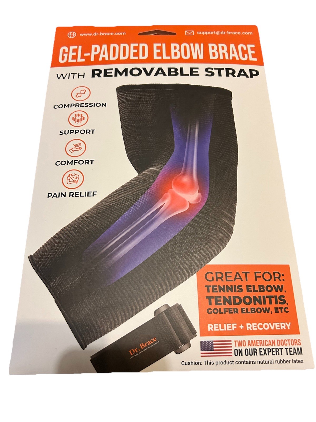 New! DR. BRACE Gel Padded Elbow Brace w/Removable Strap Size Medium Pain Relief
