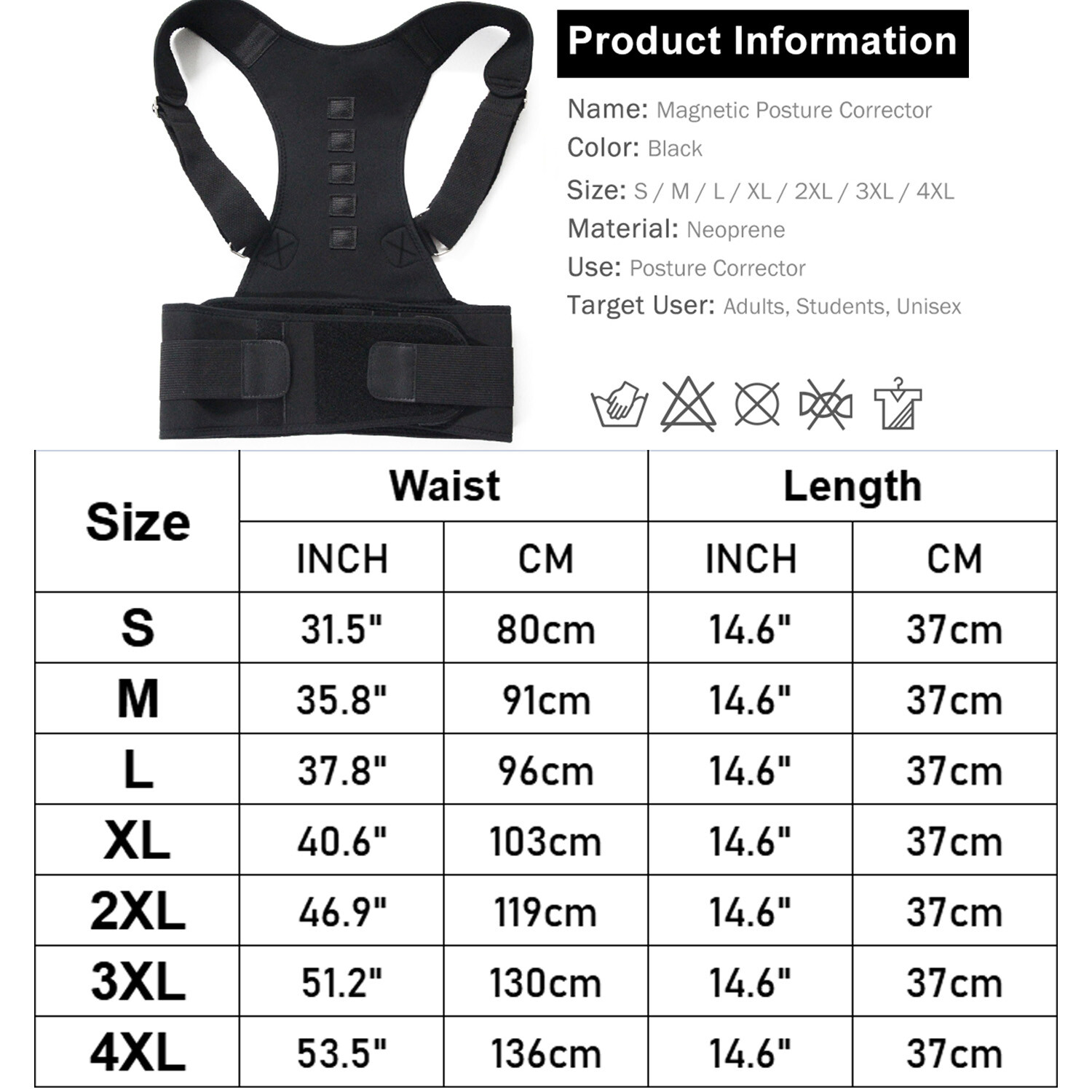 US Posture Corrector Support Magnetic Back Shoulder Brace Belt For Men Women hot