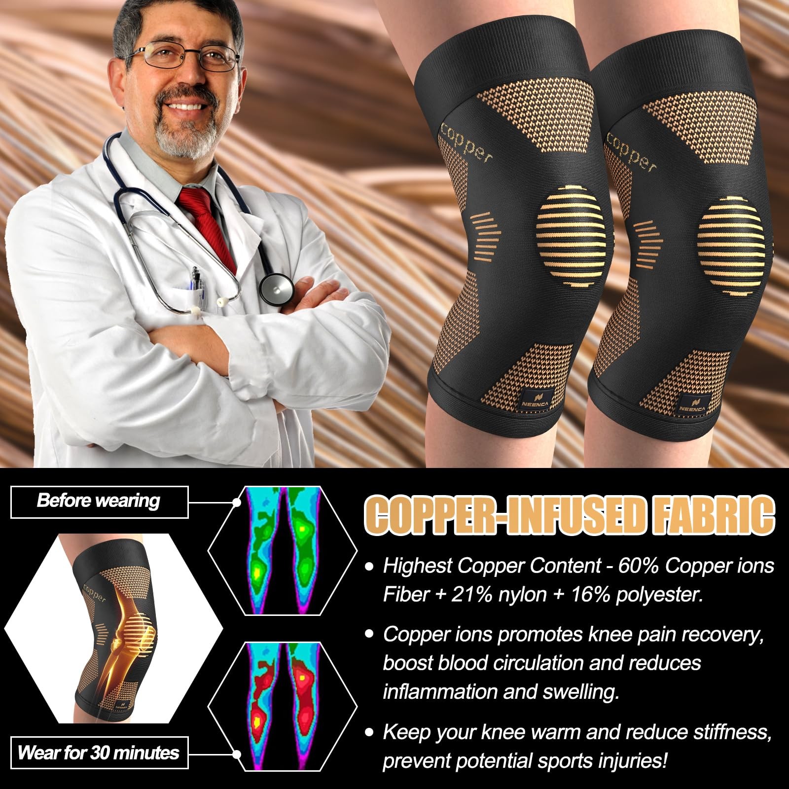 NEENCA Copper Knee Brace for Women and Men, Large, High Copper-Single
