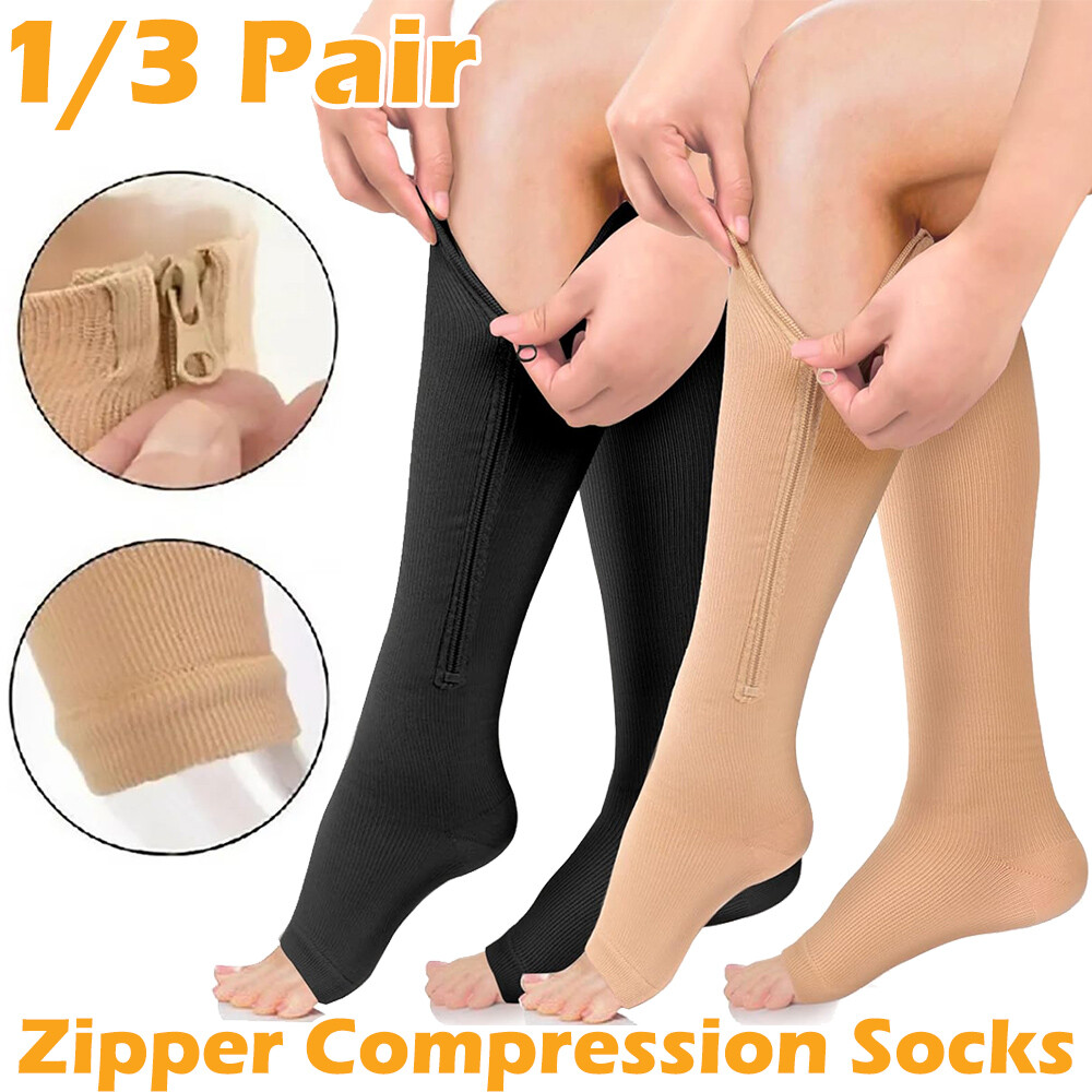 Open Toe Compression Socks Support Stockings Mens Womens 20-30 MMhg ~ 3 Pairs