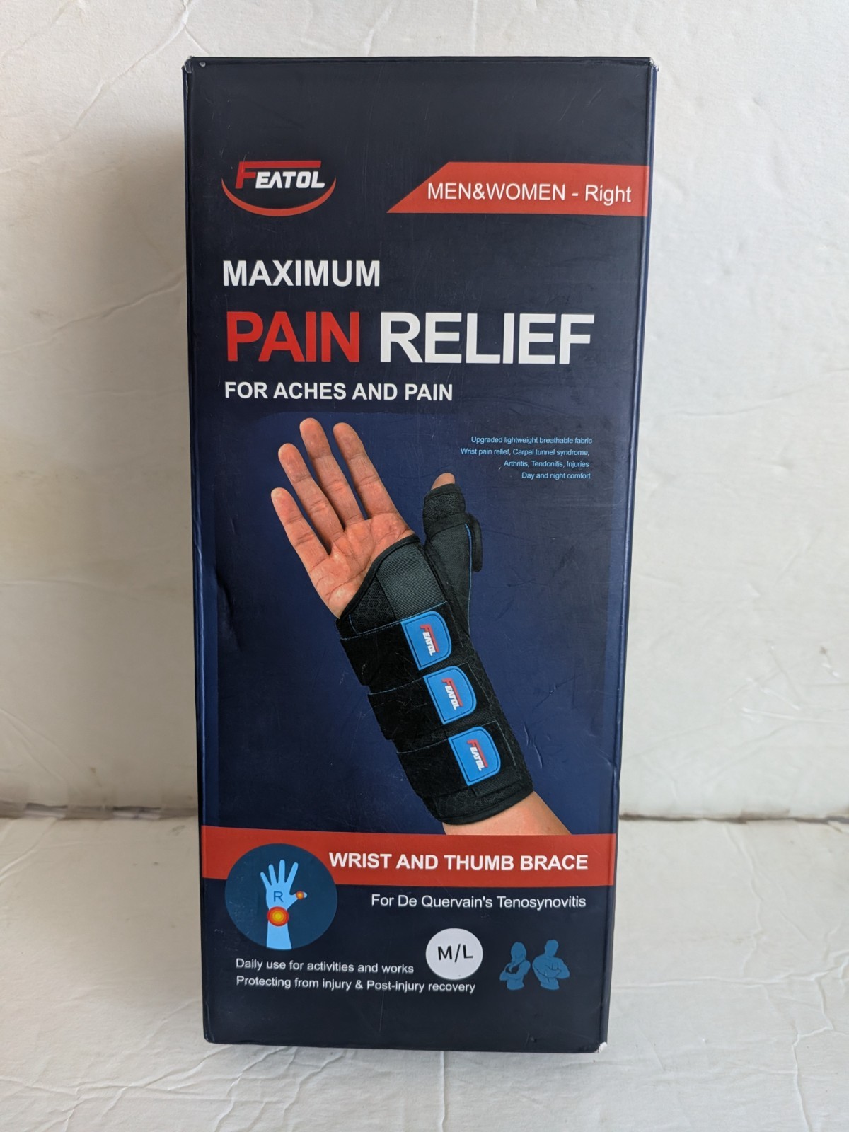 FEATOL Carpal Tunnel Wrist Brace Night Support Thumb Spica Splint Right Hand M/L