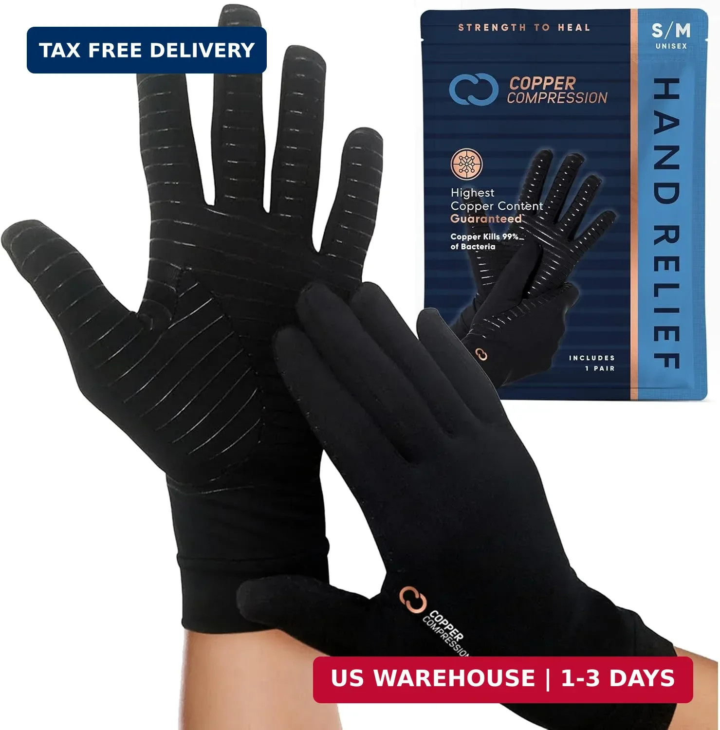 Copper Compression Full Finger Arthritis Gloves – Palm Grips – Touch Screen Fing