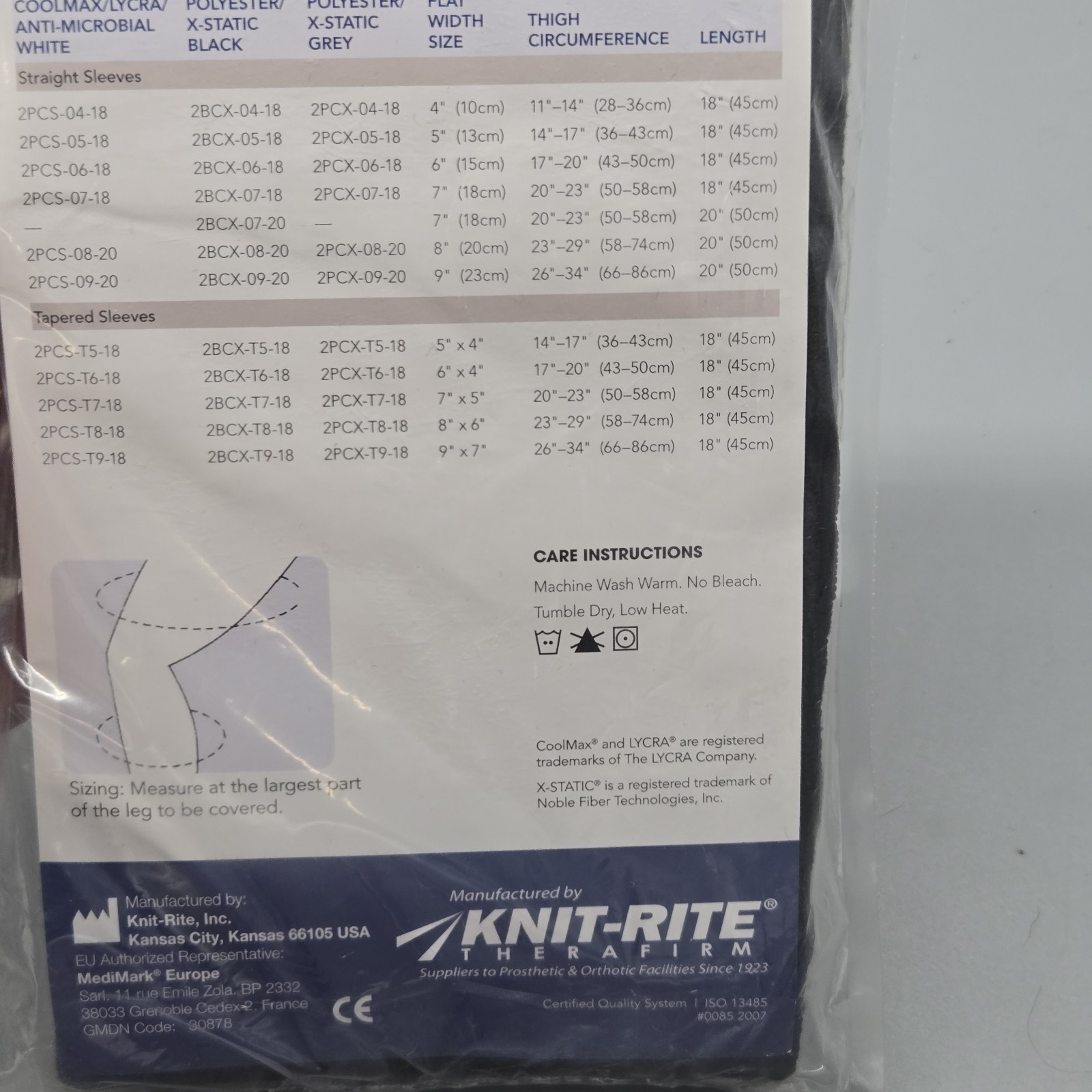 NEW Knit Rite Therafirm Knee Interface Sleeve X Static Black 8×18 2BCXT818
