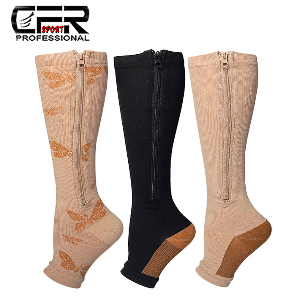 Copper Open Toe Compression Socks Zipper Leg Calf Ankle Support Men Women Foot