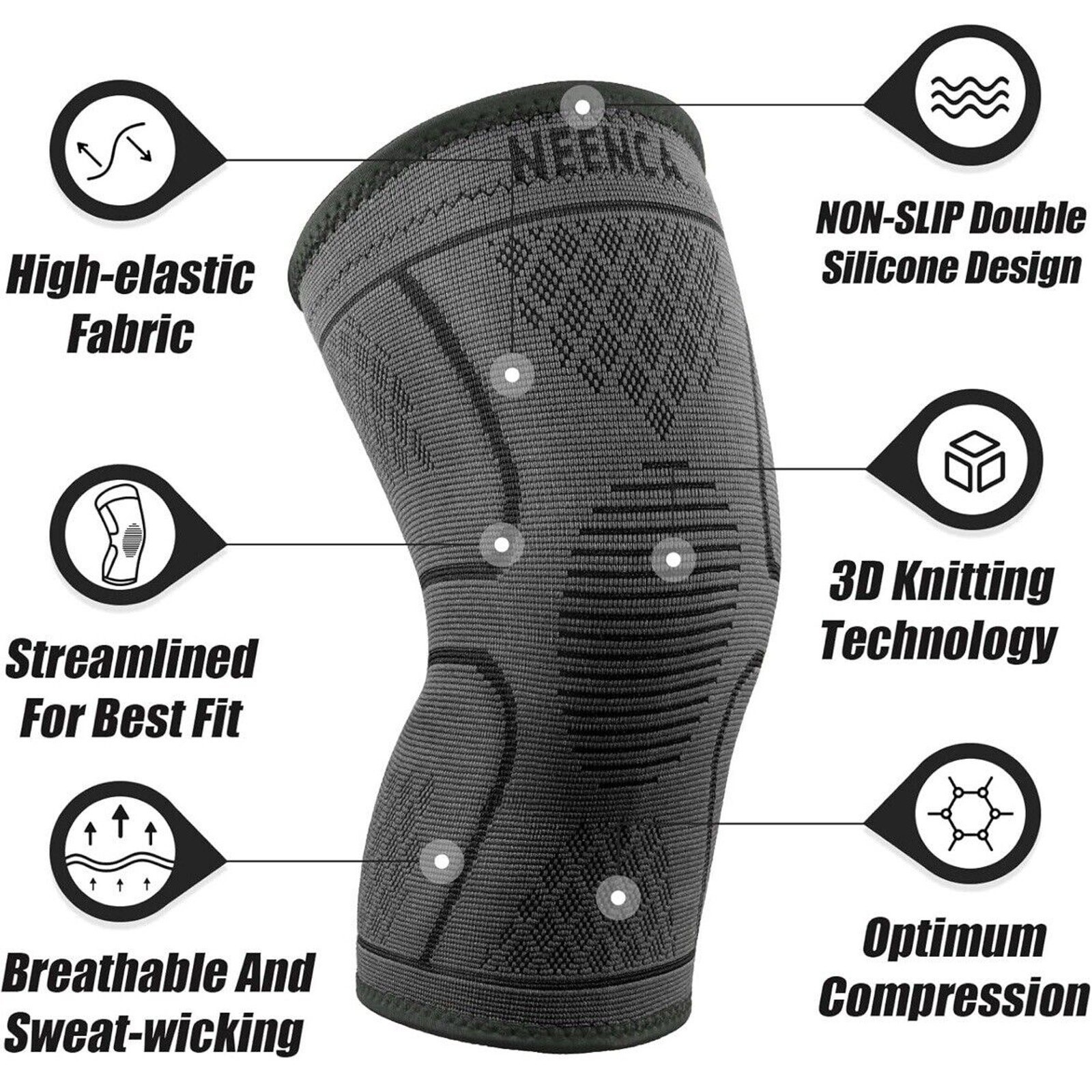 NEENCA Unisex XXL Knee Brace Sleeves Pro Compression Knee Brace 2Pk Dark Black