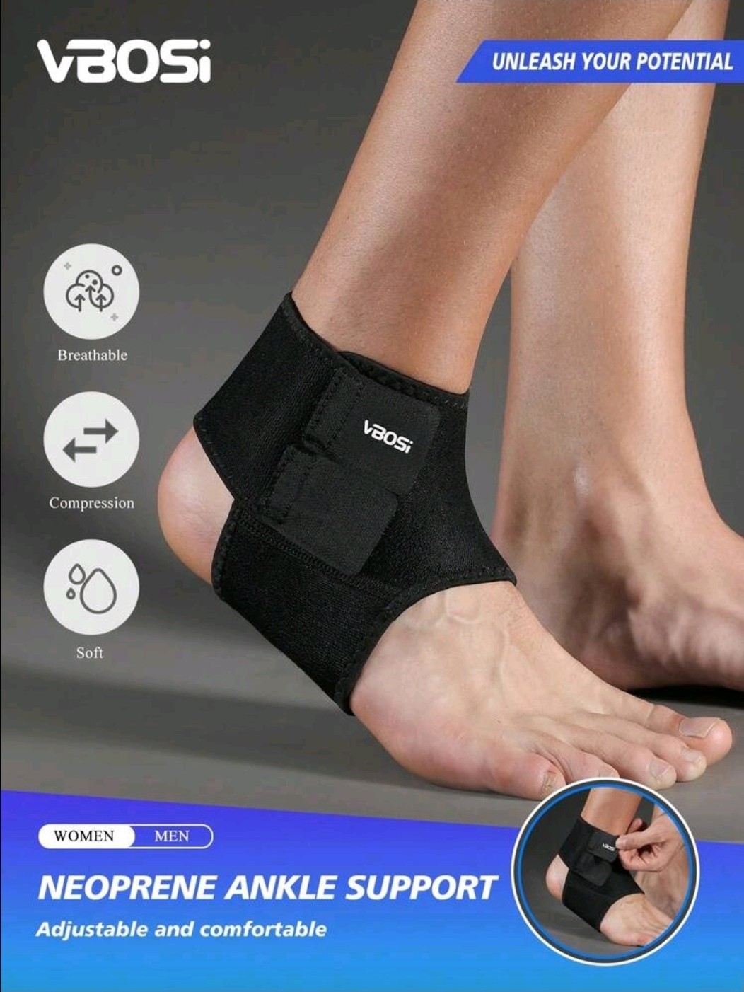 1pc VBOSI Adjustable Neoprene Ankle Support – For Running & Sports Use-NEW