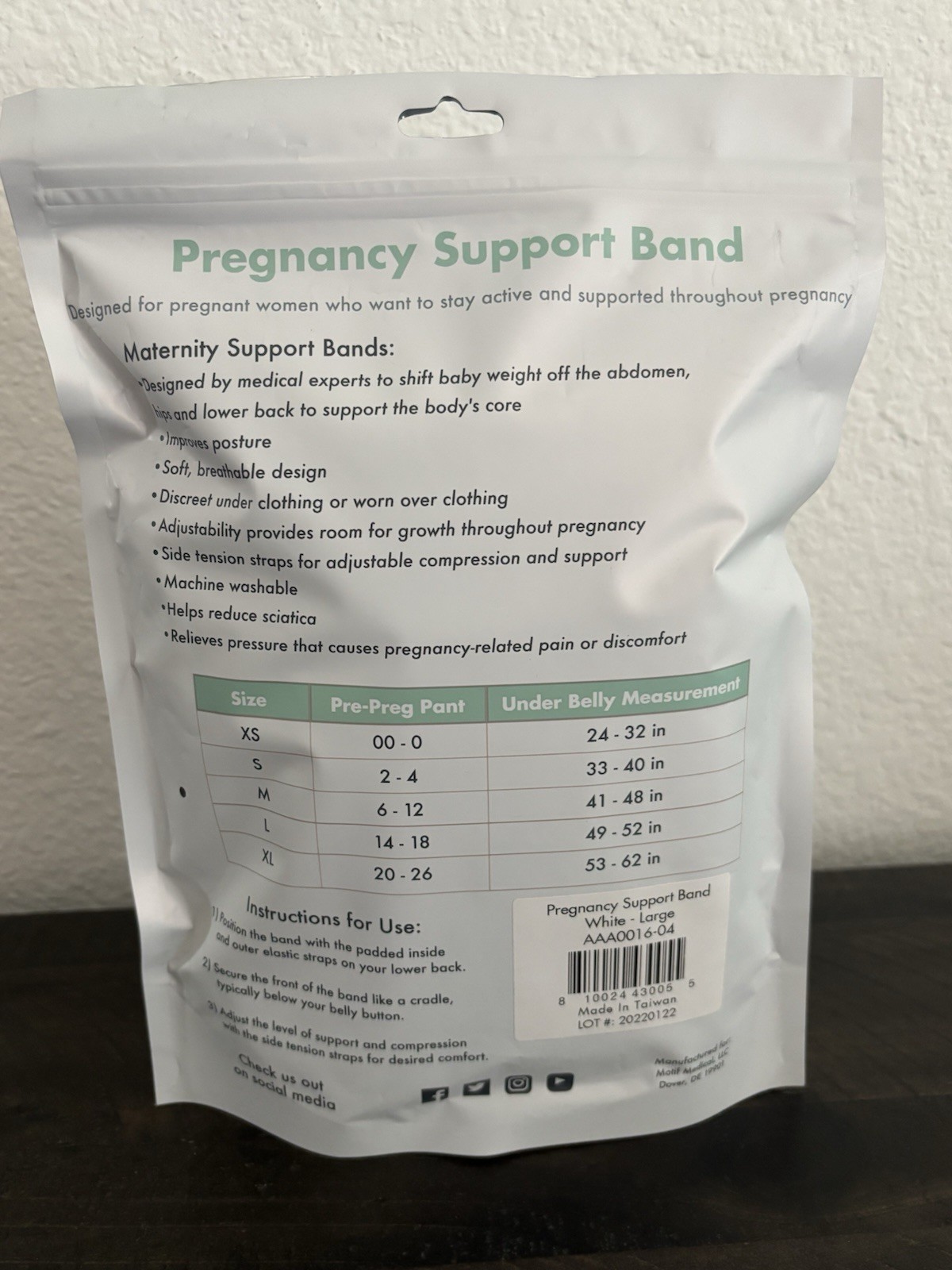 Motif Medical Pregnancy Support Band Adjustable Mesh Belly/Back Brace L White