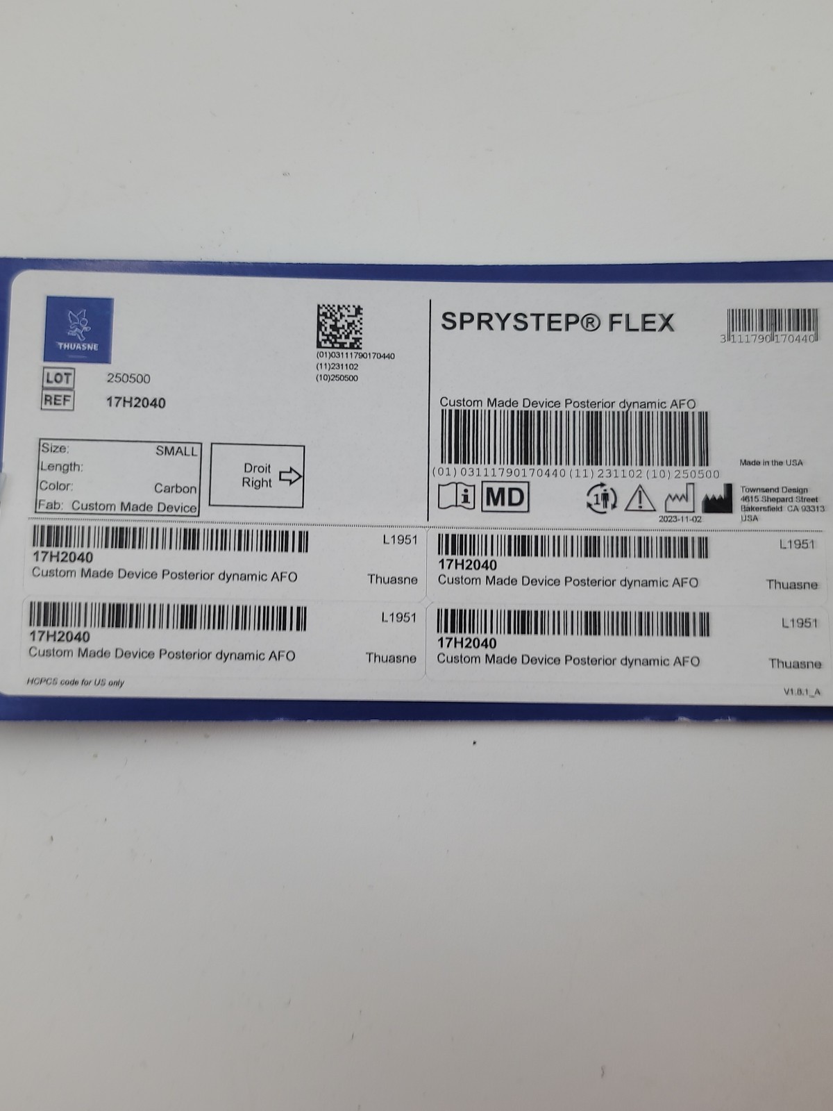 Thuasne SpryStep Flex Composite Leg & Foot Brace SM Right Blue Carbon AFO