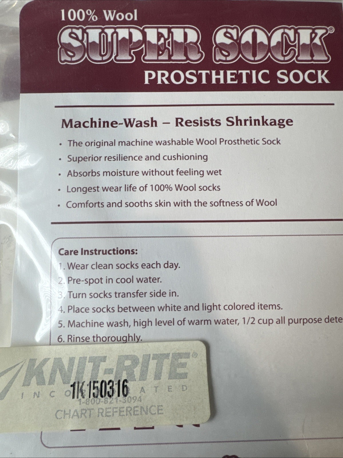 New Knit-Rite Prosthetic Super Sock 100% Wool 5 PLY 9” Top 6” Toe x 16” 1K150316
