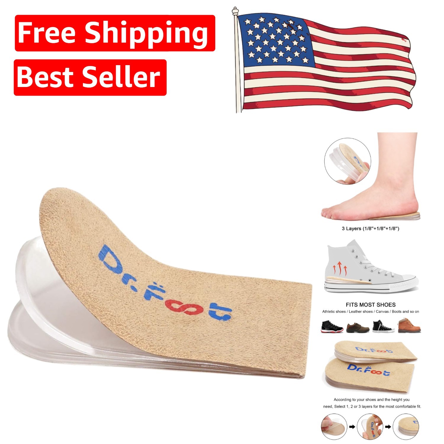 Dr.Foot Adjustable Heel Lift Inserts – Relief for Heel Pain & Height Increase