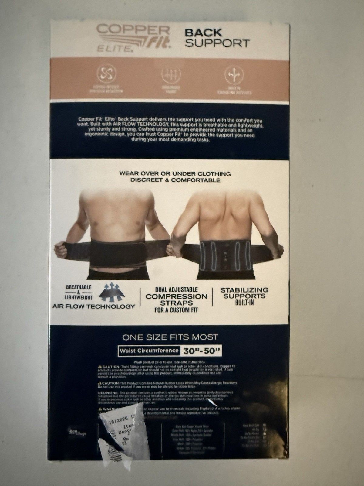 Copper Fit Elite Back Support Brace Copper Infused Adjustable Airflow One Size