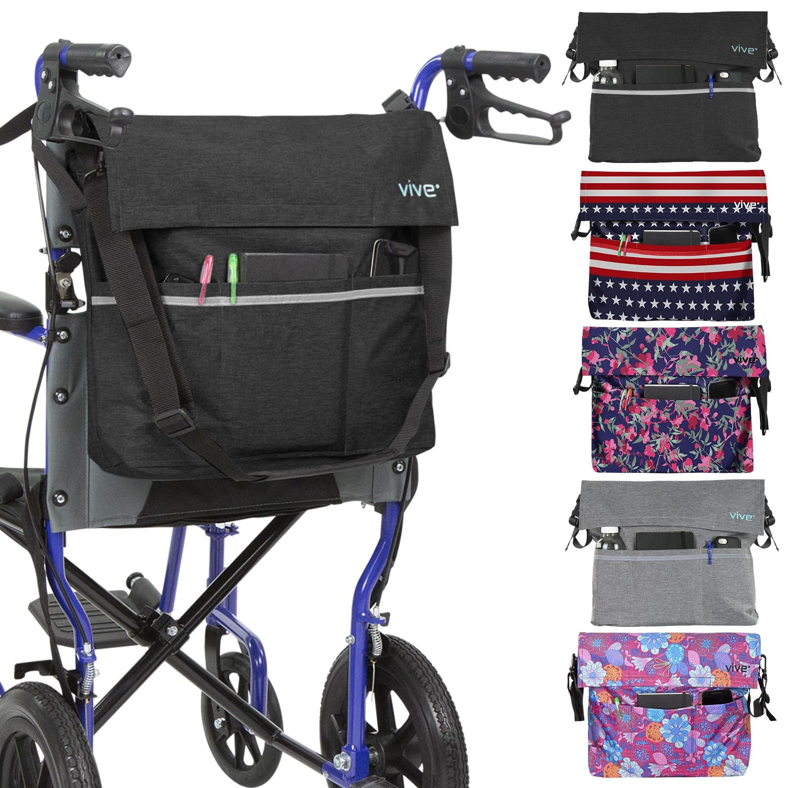 Vive XL Wheelchair Accessories Bag – Waterproof, 1 Count (Pack of 1), Black