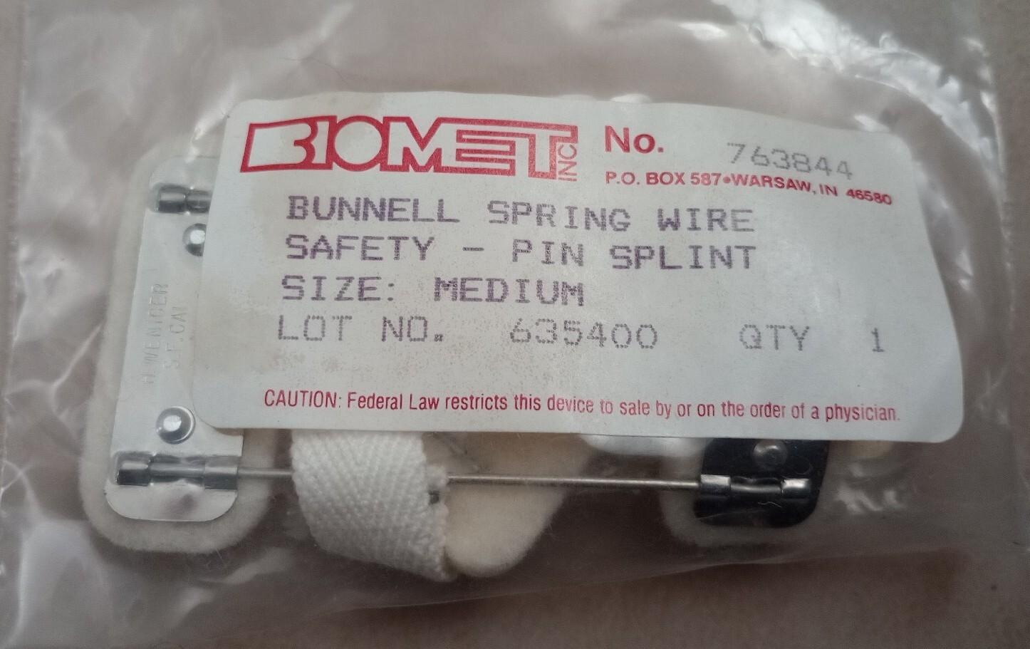 Bunnell Spring Wire Safety Pin Splint Medium Vintage