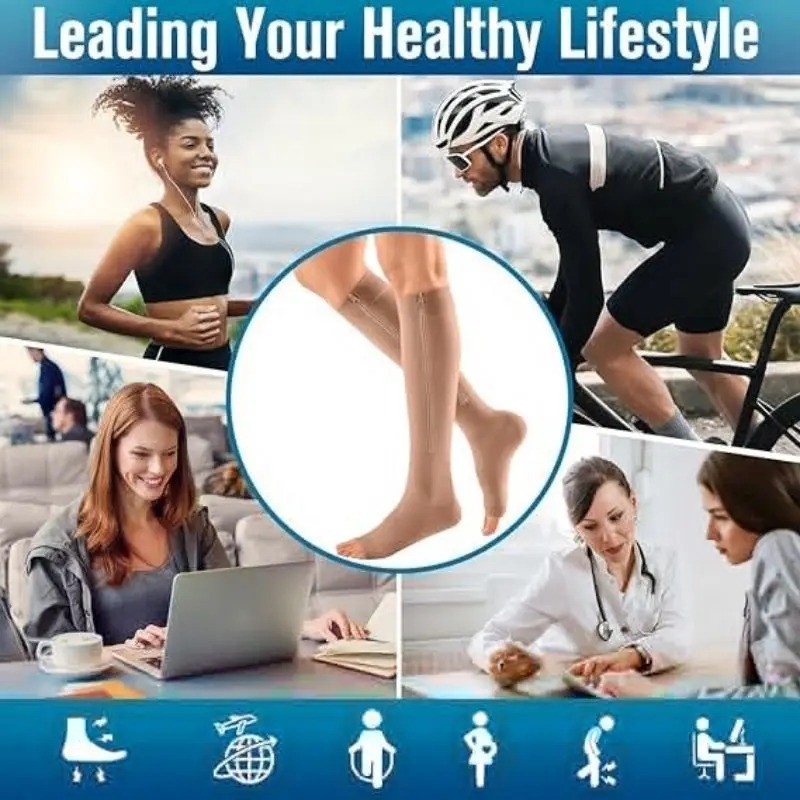 Compression Socks(Pack of 2pcs)Stocking 20-30mmHg Knee High Support Open Toe Zip