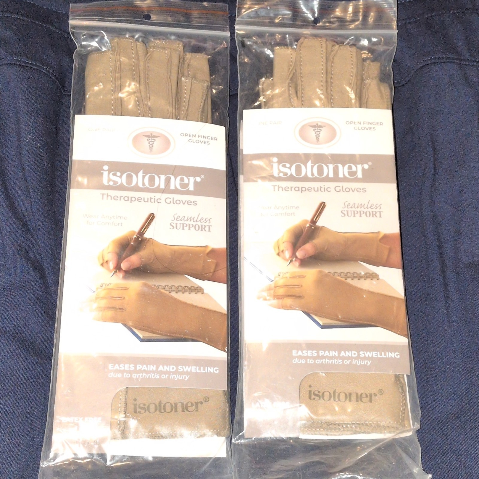 Isotoner Therapeutic Gloves Open Finger Camel Large Compression Pain Relief (2)