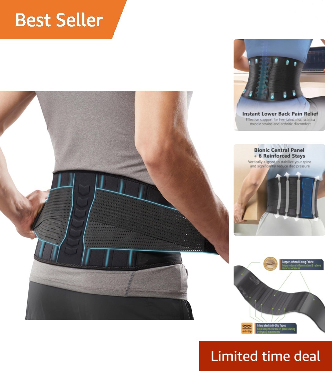 Copper-Infused Back Support Brace – Lightweight Lumbar Belt with 6 Supportive…