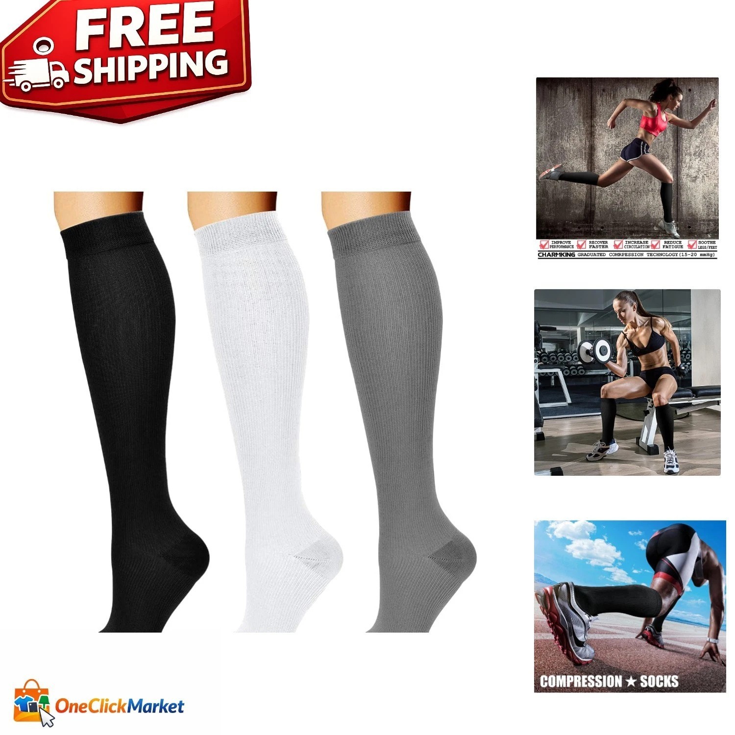 Athletic Compression Socks for Men & Women – 3 Pairs 15-20 mmHg Support