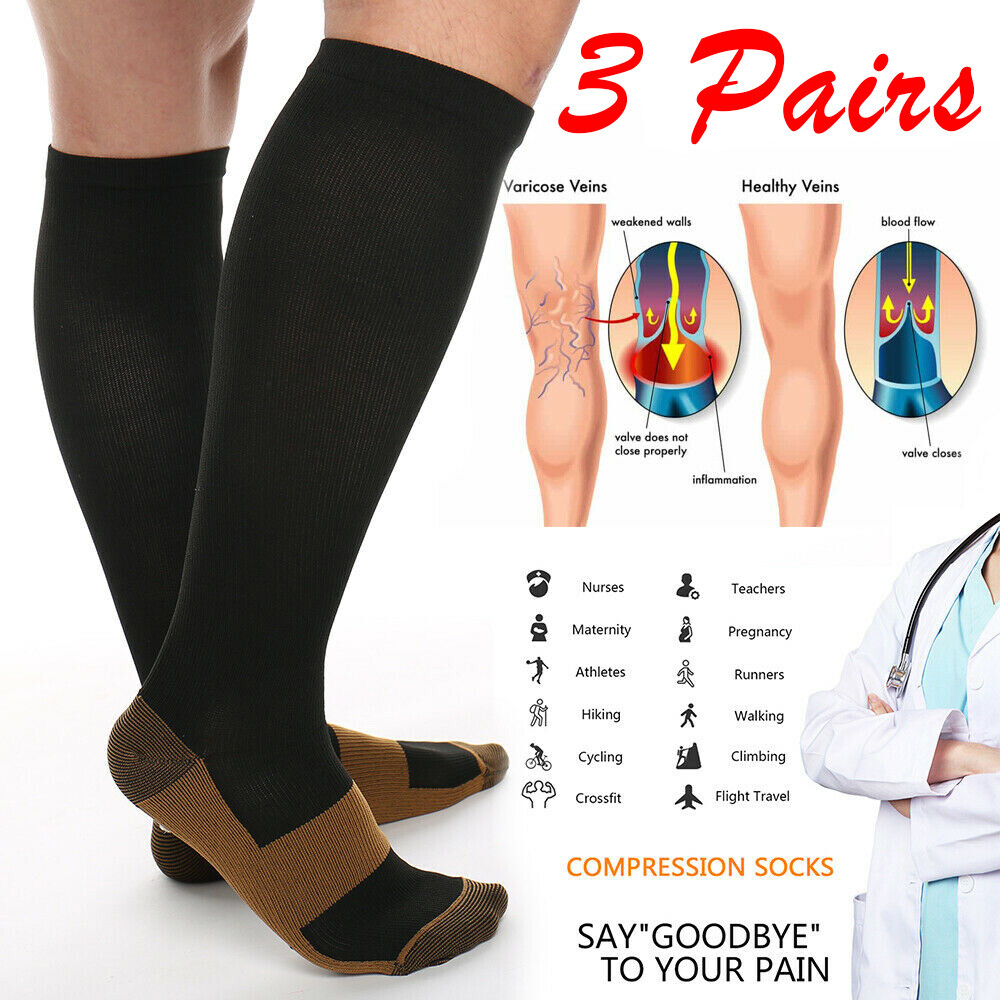 3x Knee High Compression Hose 20-30 Varicose Veins Socks For Women Men Wide Calf