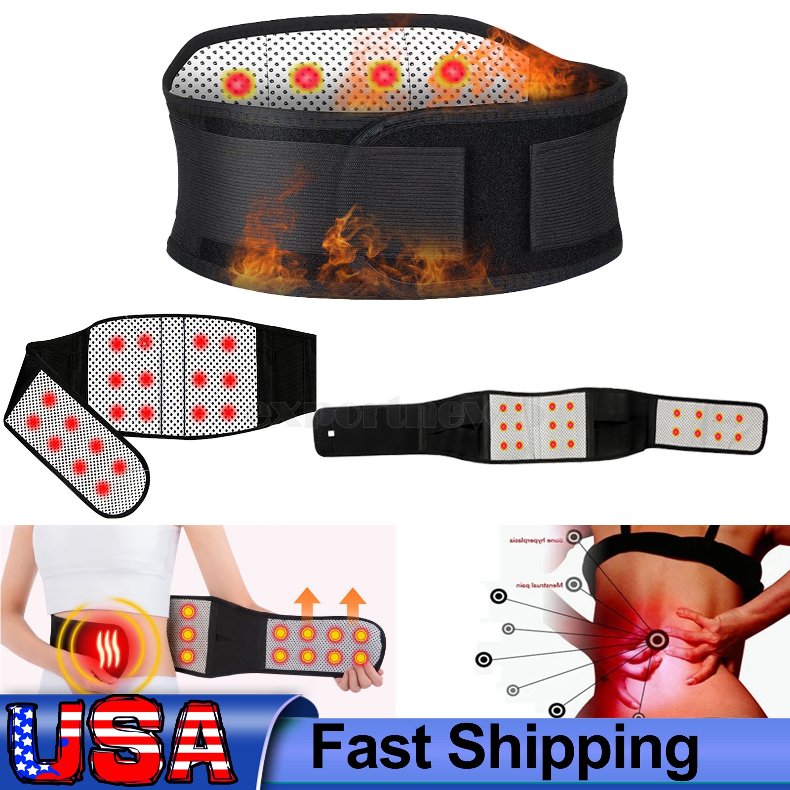 US Self Heating Magnetic Back Support Lower Lumbar Brace Adjust Belt Pain Relief