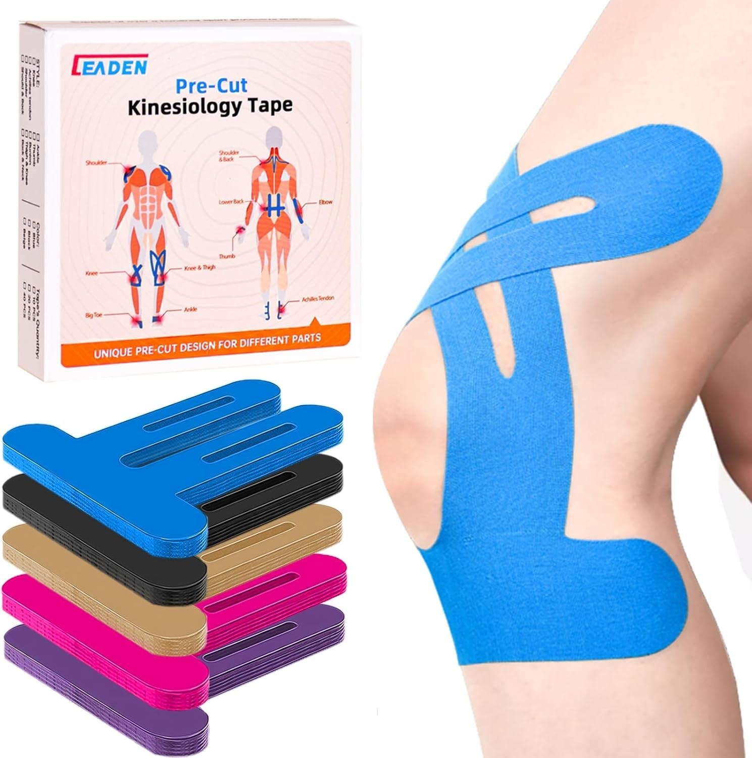 Precut Kinesiology Tape for Knees, 20 Pcs, Blue | Knee Support & Stability, K…