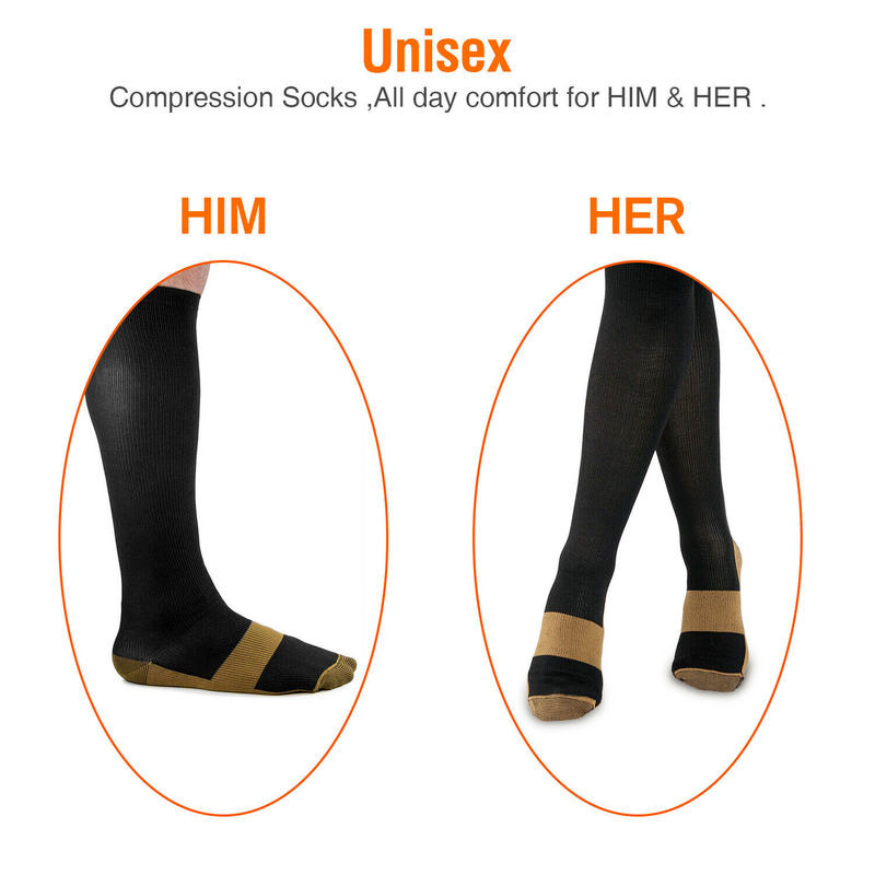 (6 Pairs) Copper Compression Socks 15-20mmHg Graduated Support Mens Womens S-XXL