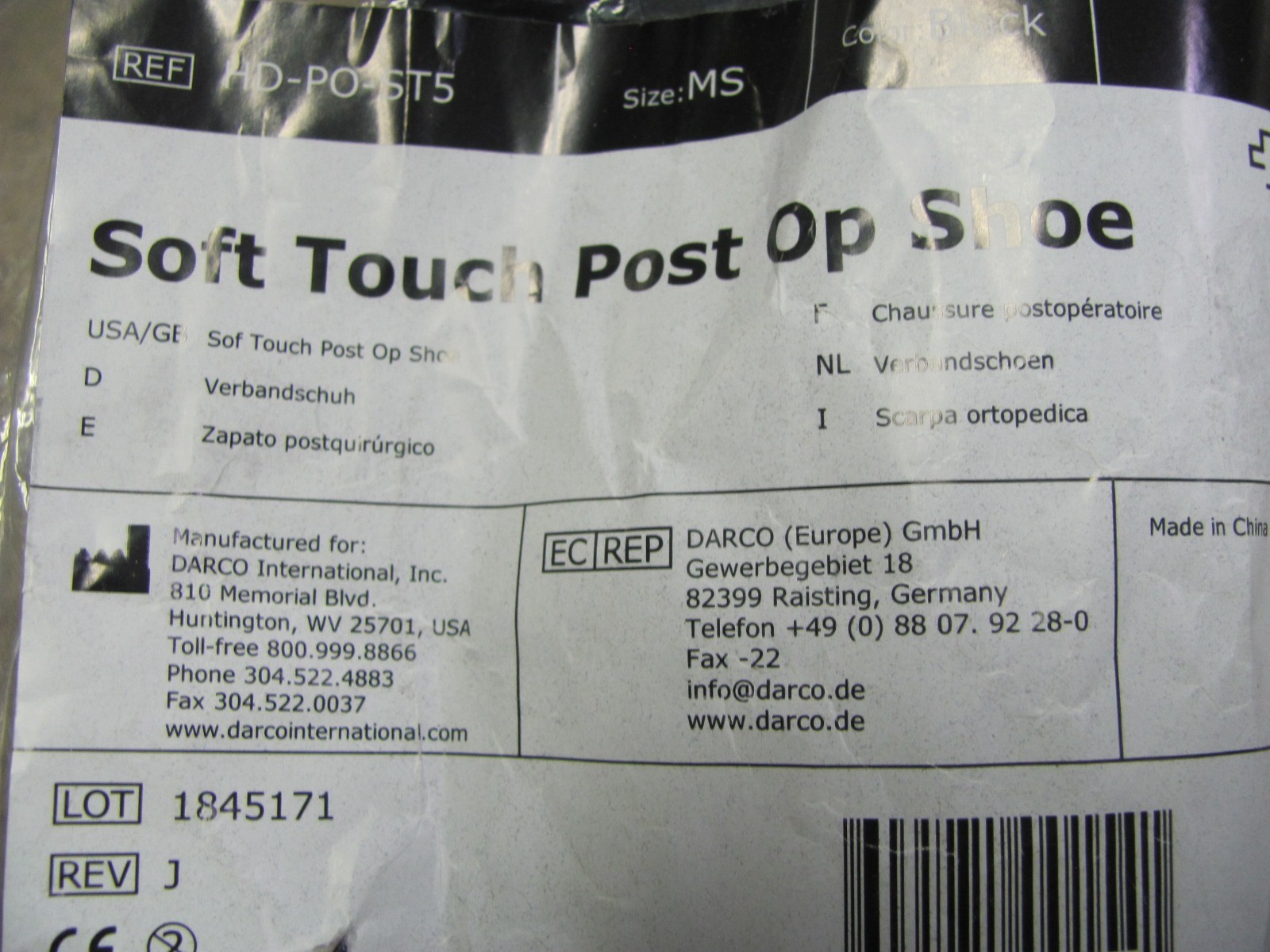 Health Design Soft Touch Post-Op Shoe – Men’s Small (New)