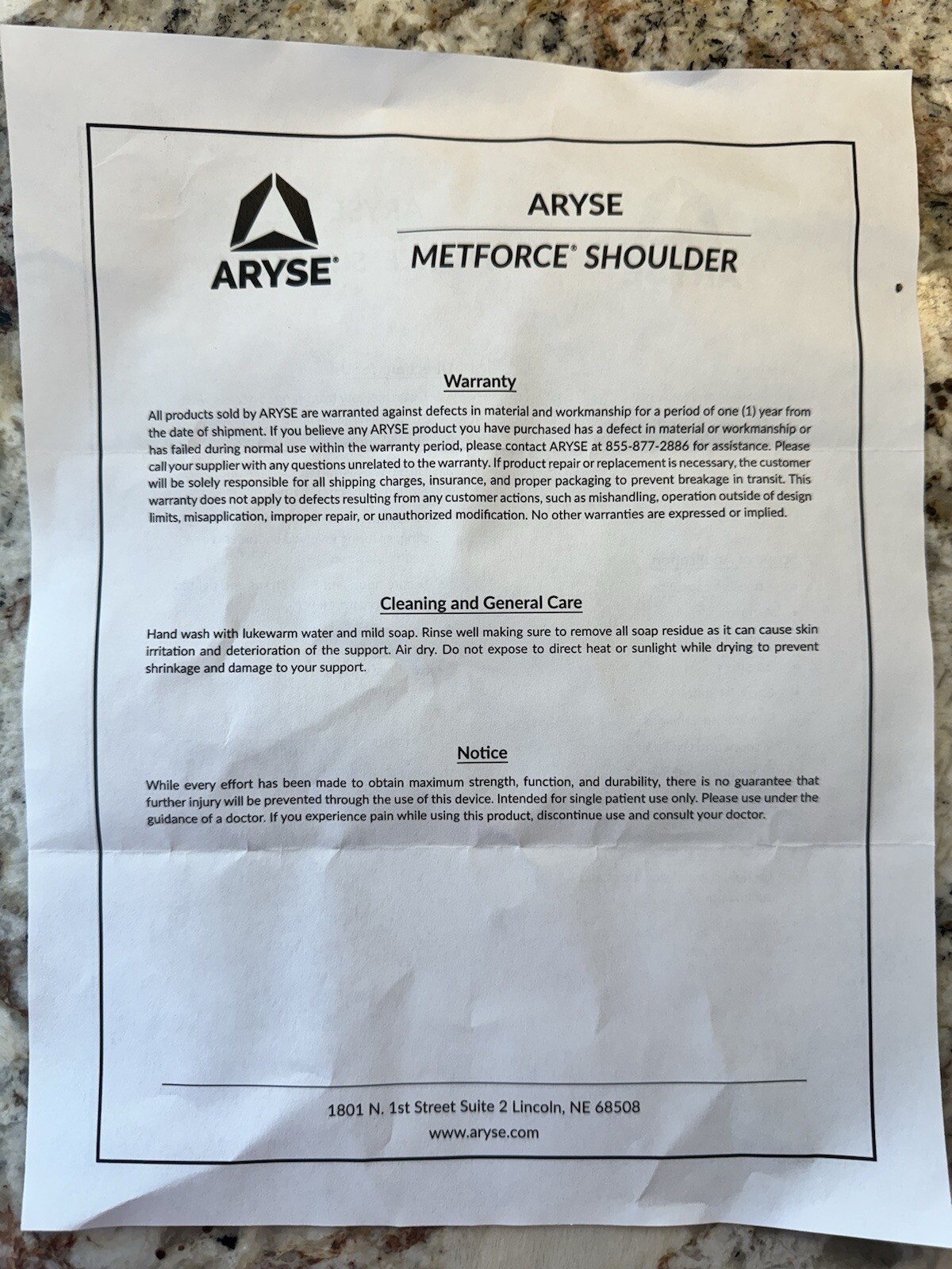 NEW NEVER USED – ARYSE METFORCE SHOULDER IMMOBILIZER