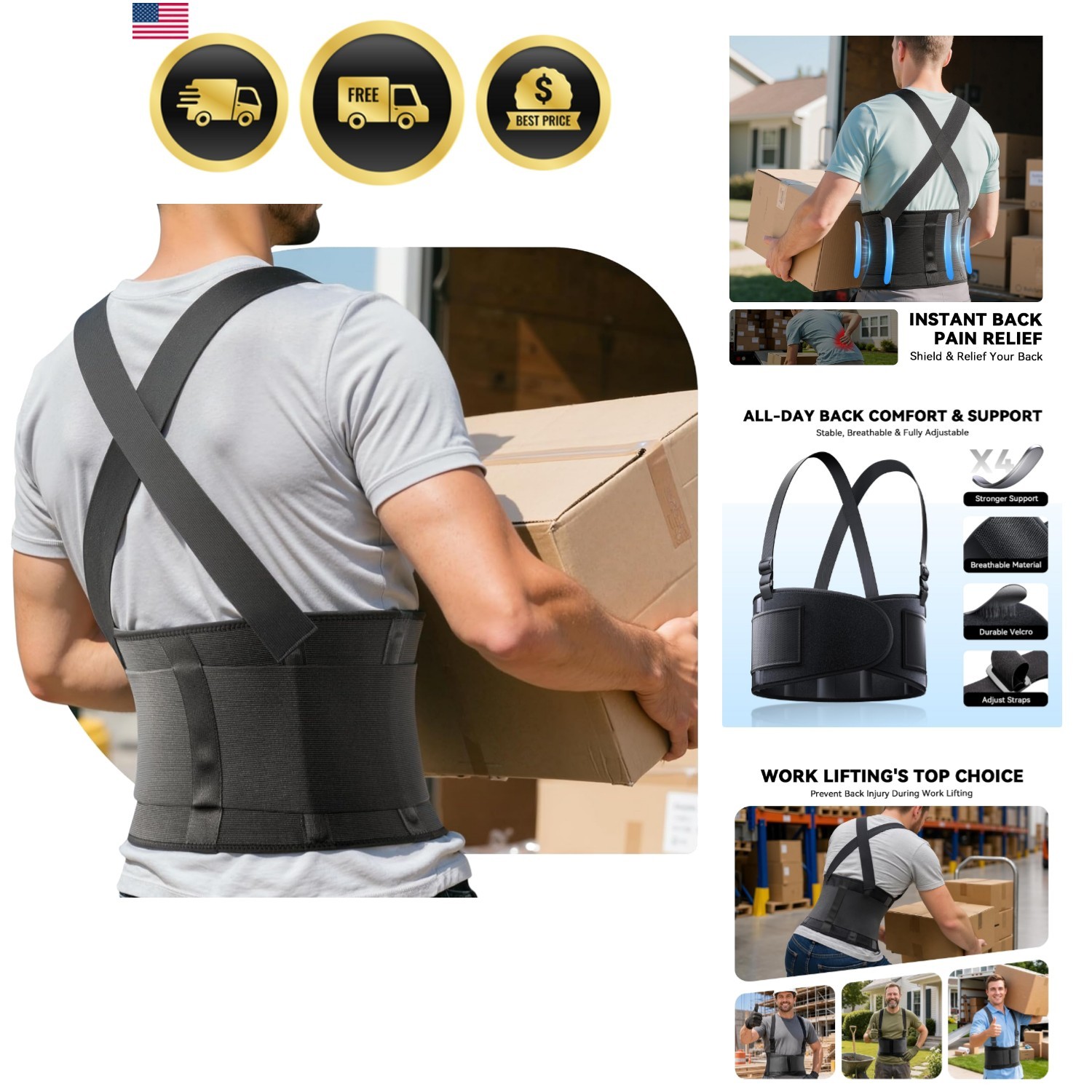 Work Back Brace for Men & Women, Adjustable Lower Back Support Belt for Sciat…