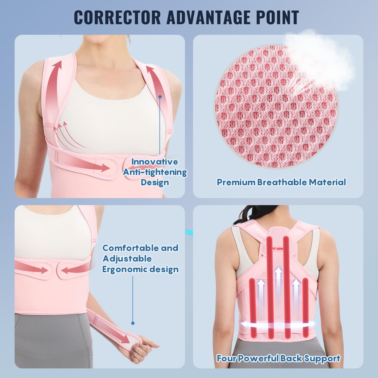 Fit Geno Back Brace Posture Corrector for Women, Shoulder Medium, Pink